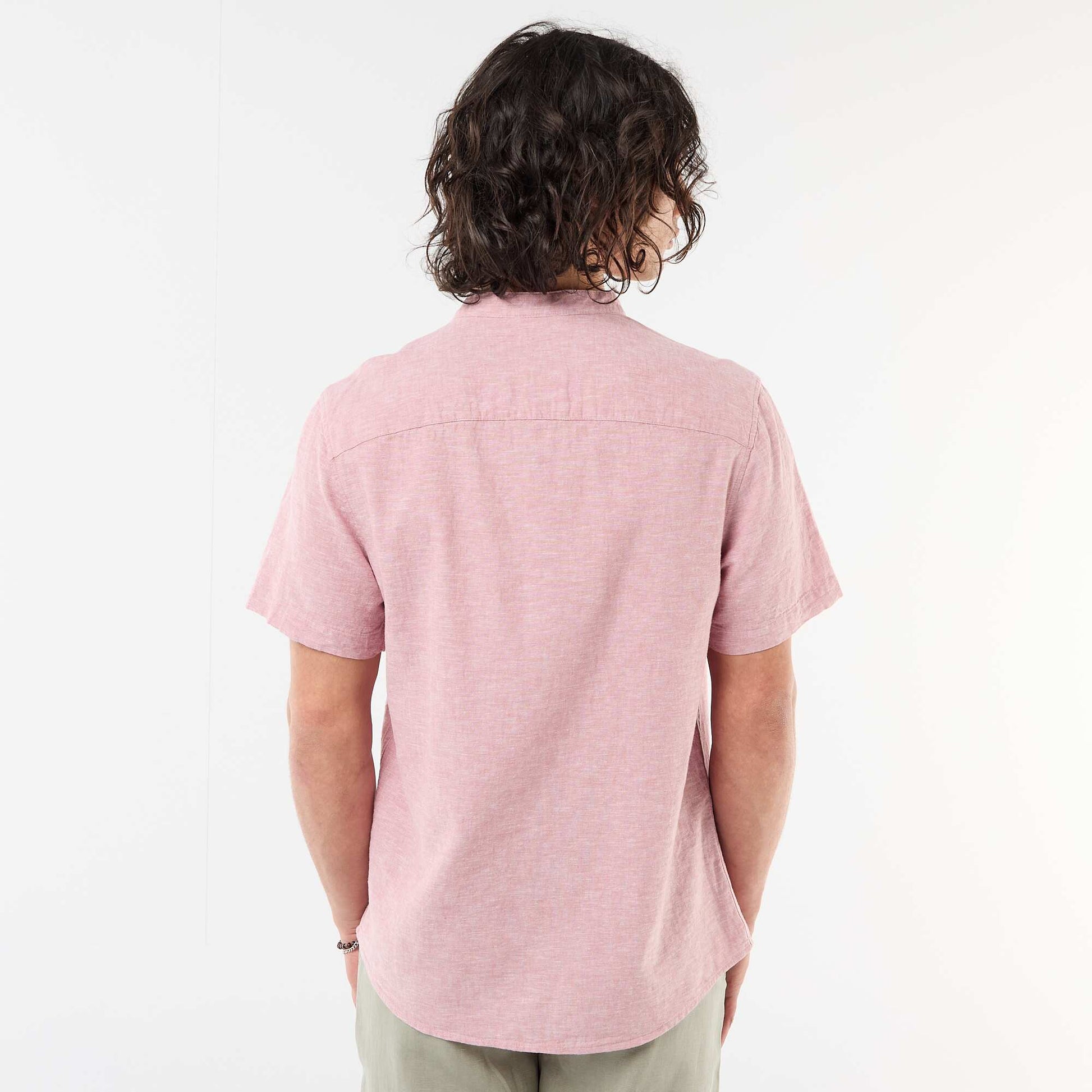 Chemise unie à manches courtes et col mao en lin mélangé ROSE