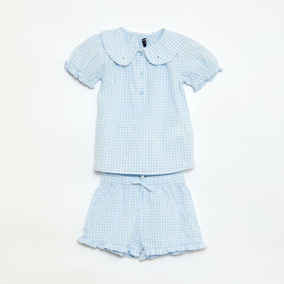 Ensemble 3 pièces tunique + short + bandeau en vichy BLEU CIEL