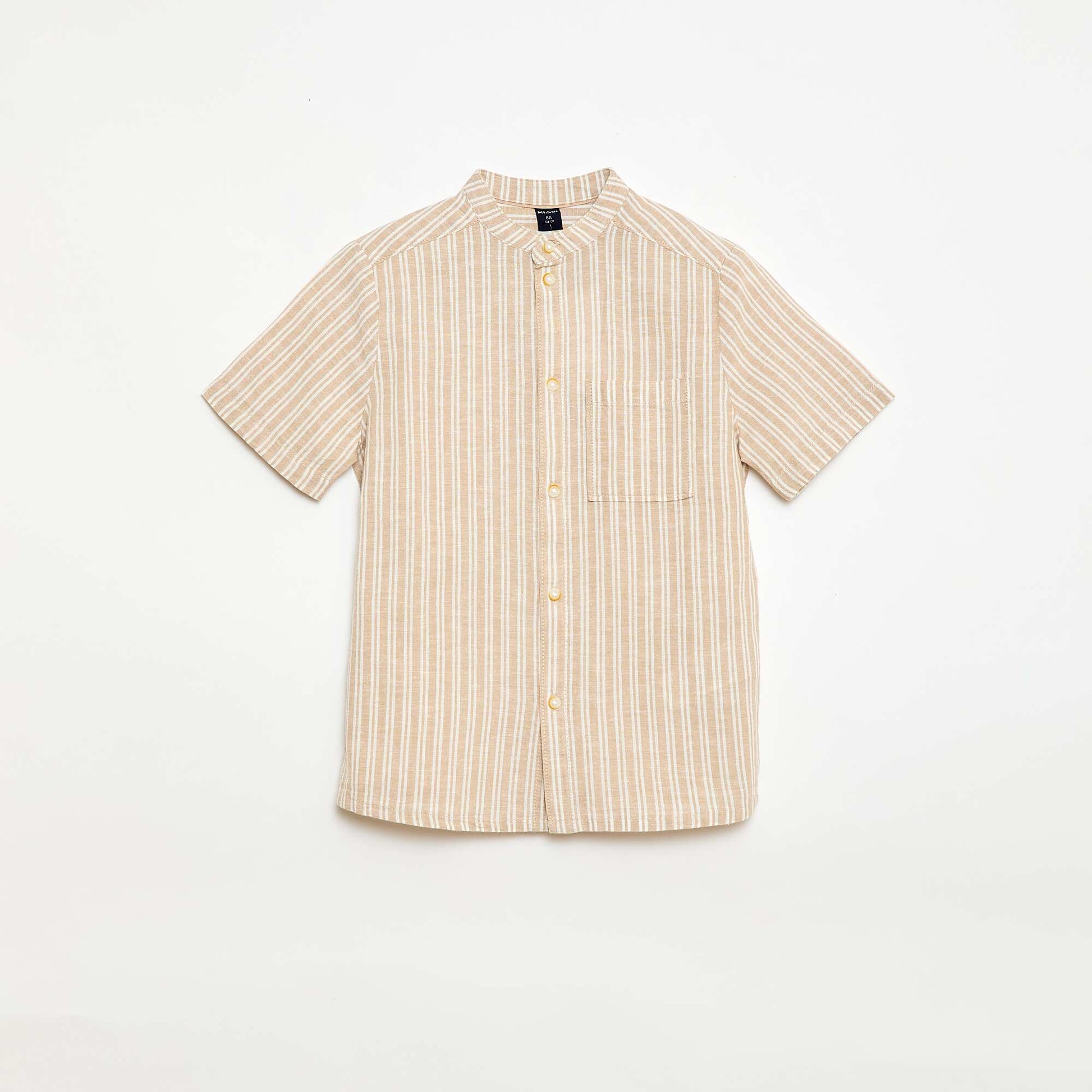 Chemise à col mao à manches courtes en coton et lin BEIGE
