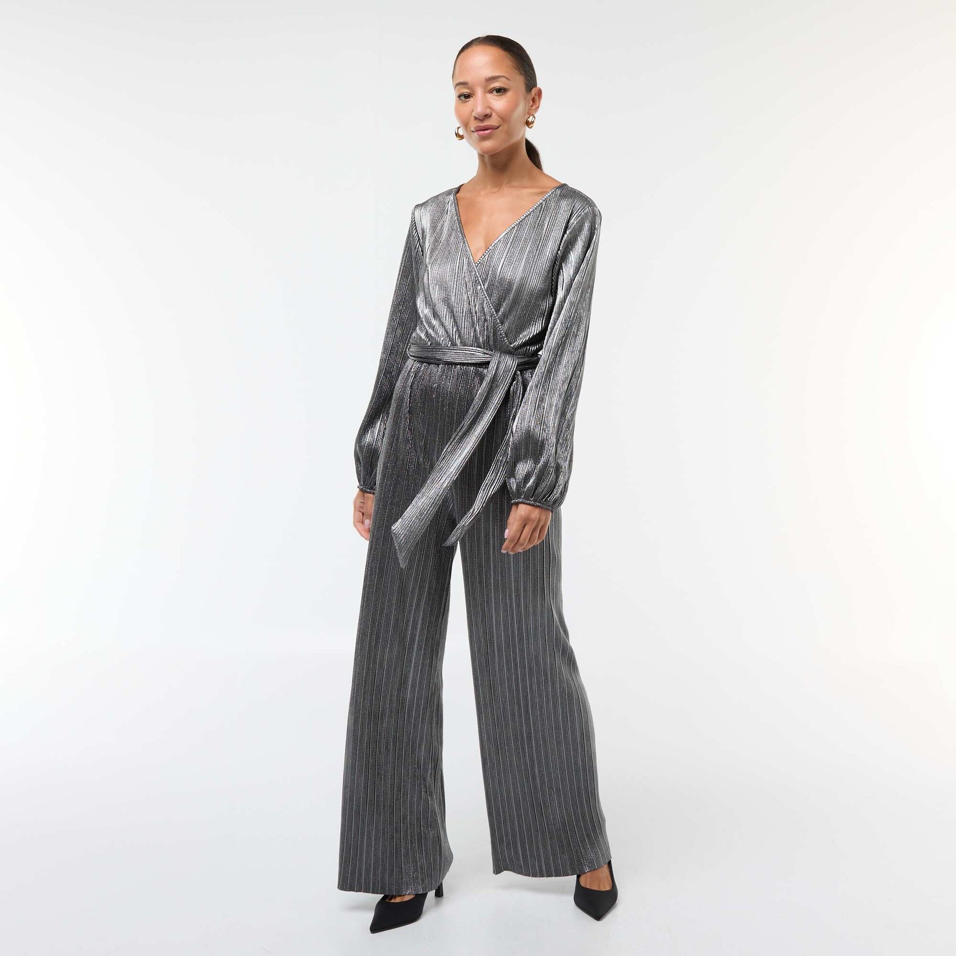 Combinaison jambe large en maille plissée GRIS