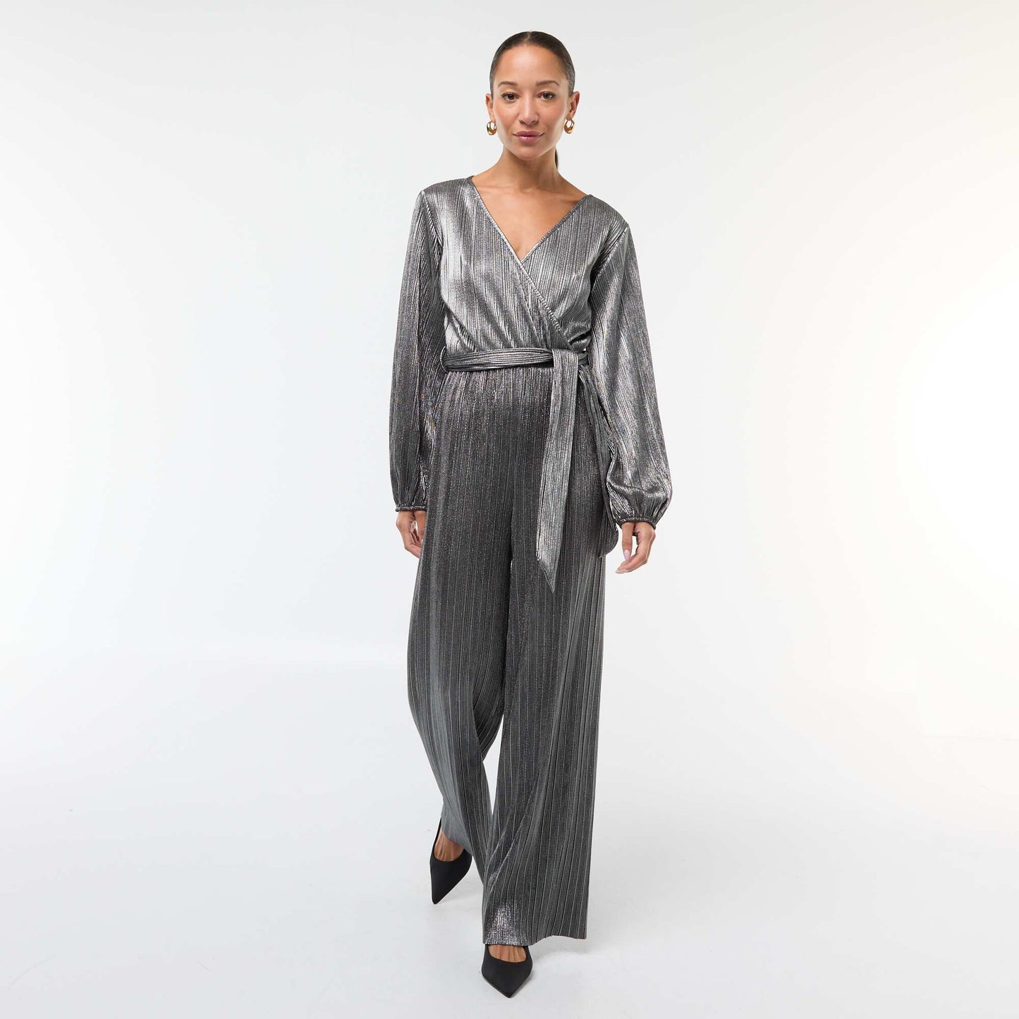 Combinaison jambe large en maille plissée GRIS