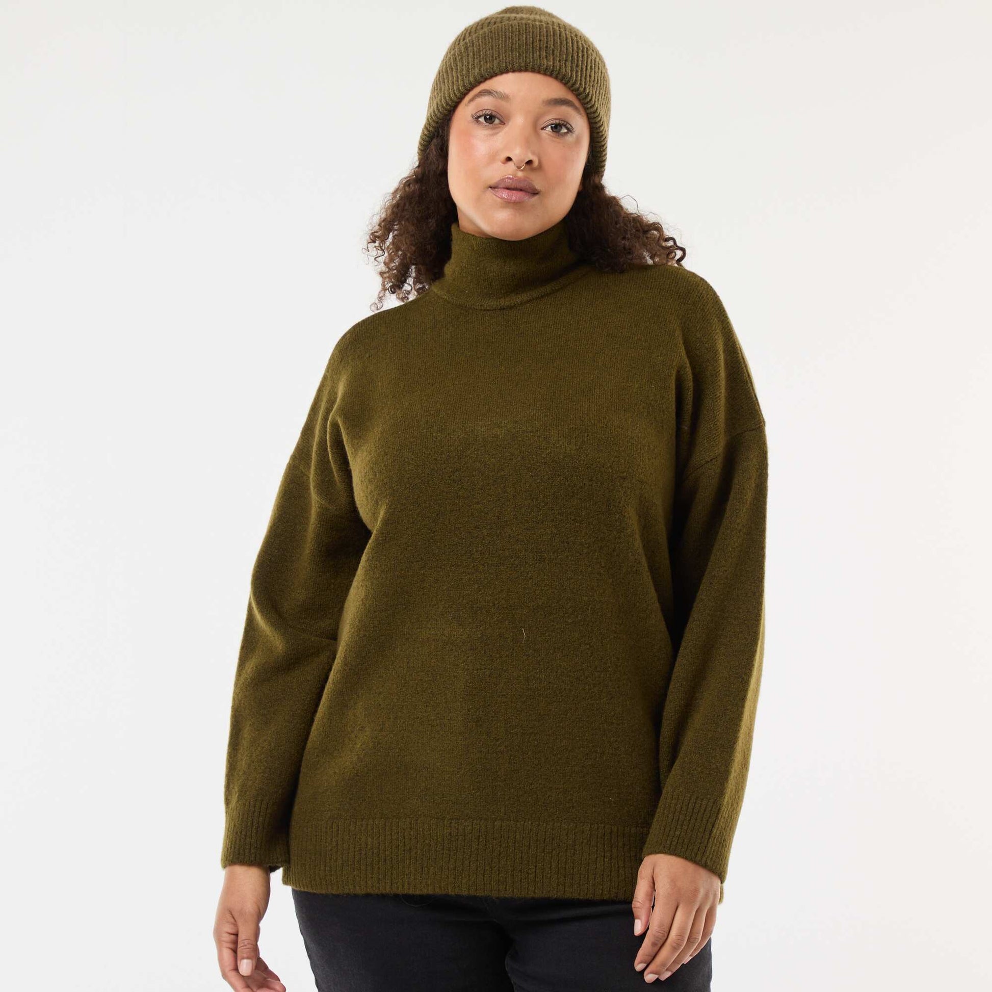 Pull montant avec fente bijou au dos KAKI