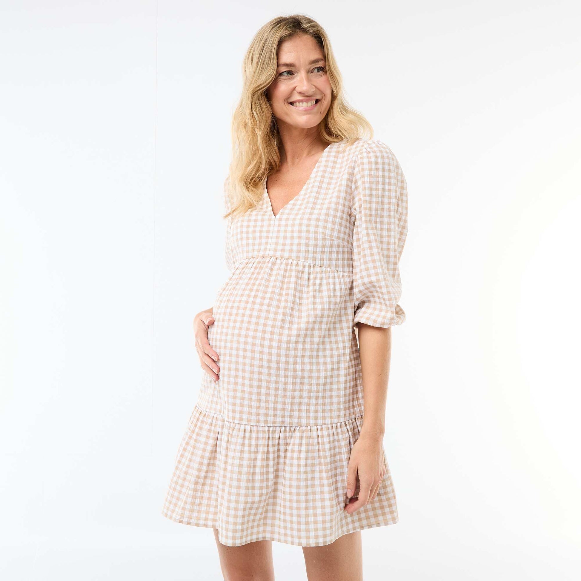 Robe midi à étage à carreaux BEIGE