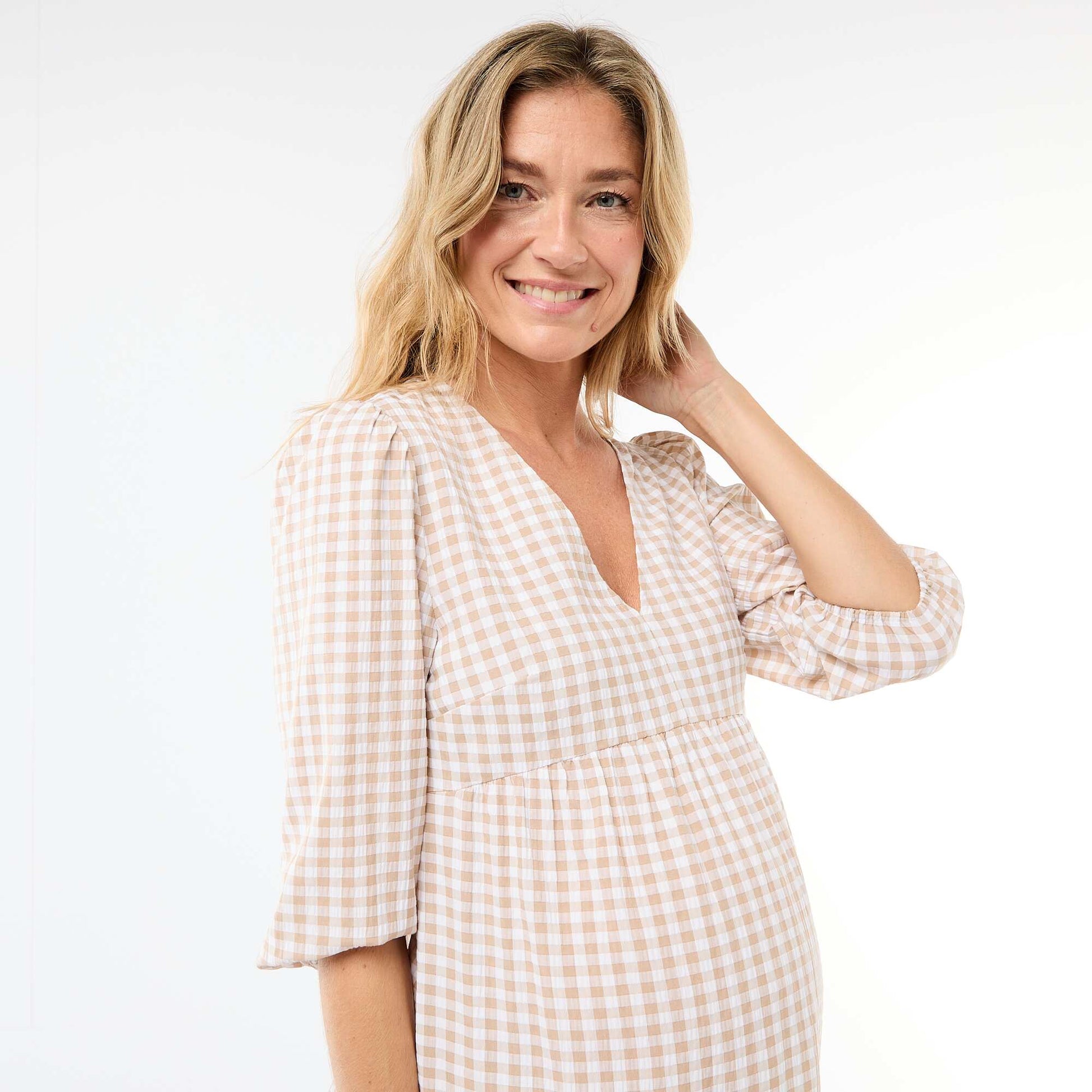 Robe midi à étage à carreaux BEIGE