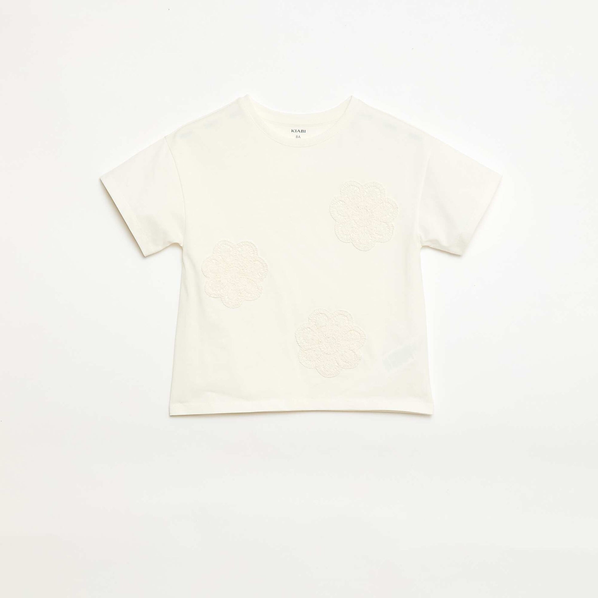 T-shirt avec fleurs en macramé BLANC