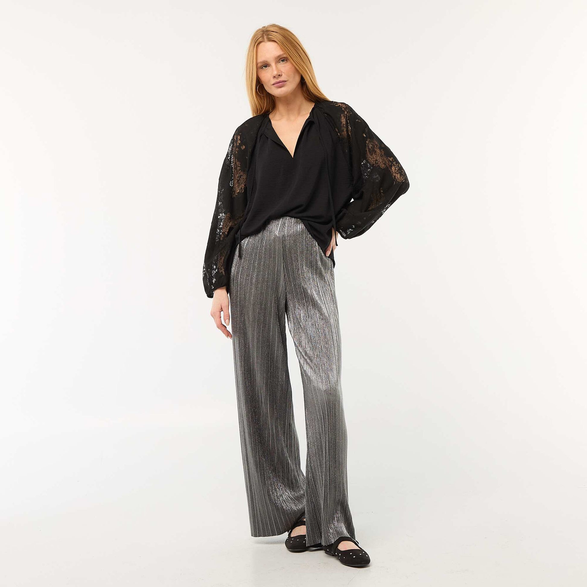 Pantalon large en maille plissée GRIS
