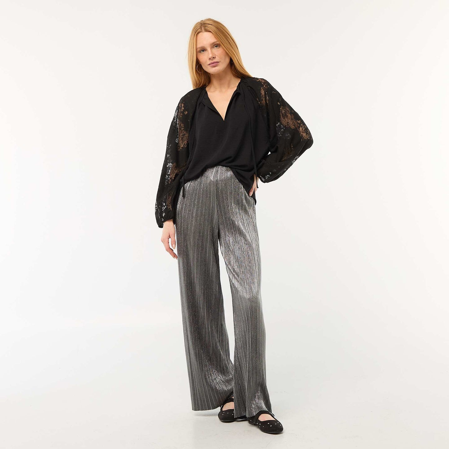 Pantalon large en maille plissée GRIS