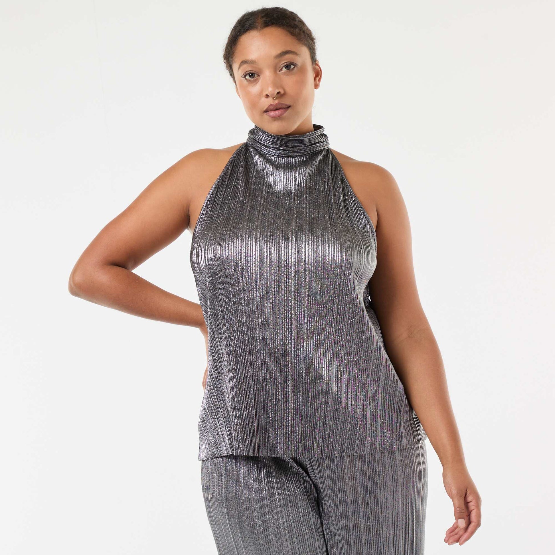 Top emmanchures américaines maille plissée GRIS
