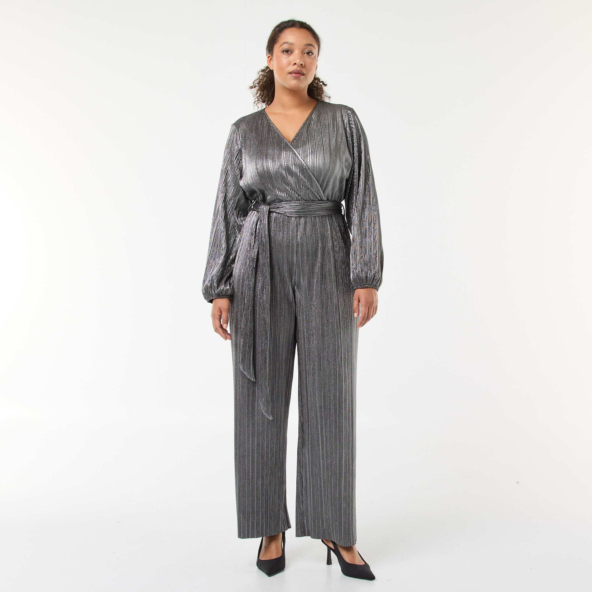Combinaison jambe large en maille plissée GRIS