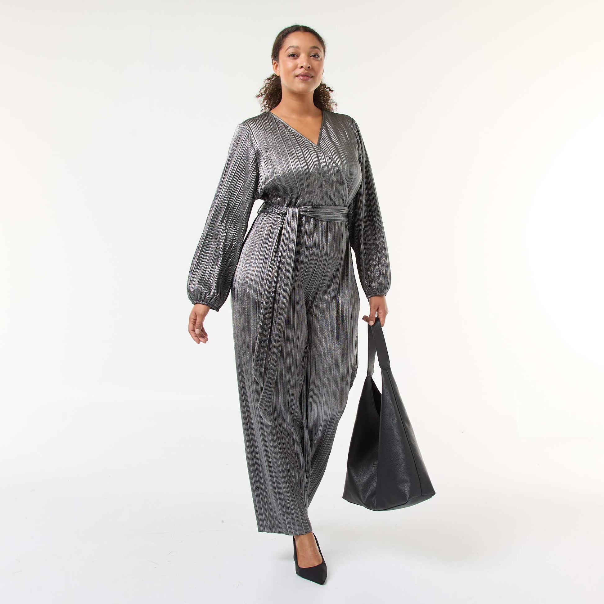 Combinaison jambe large en maille plissée GRIS