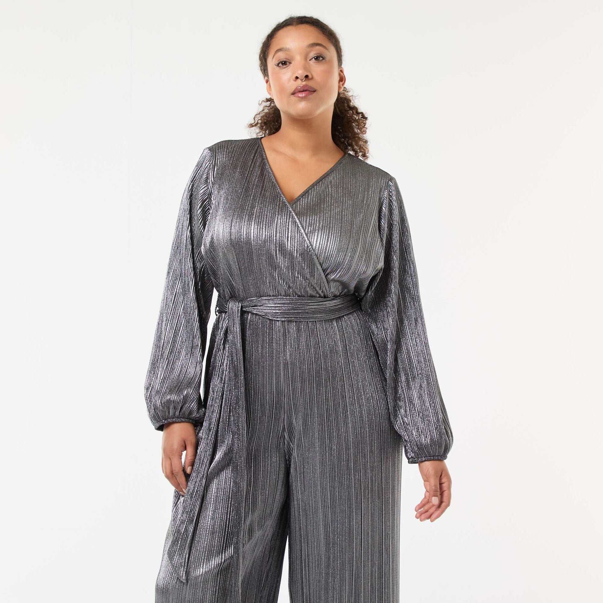 Combinaison jambe large en maille plissée GRIS