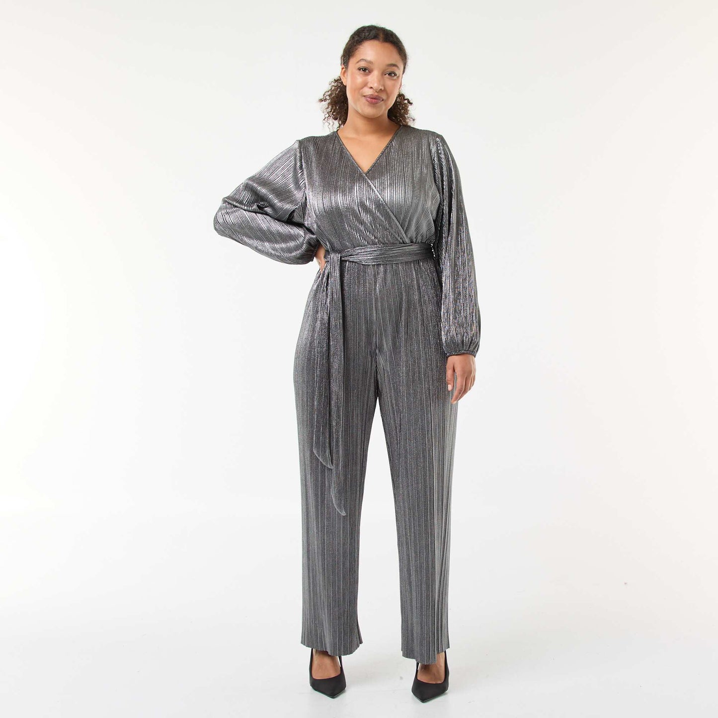 Combinaison jambe large en maille plissée GRIS