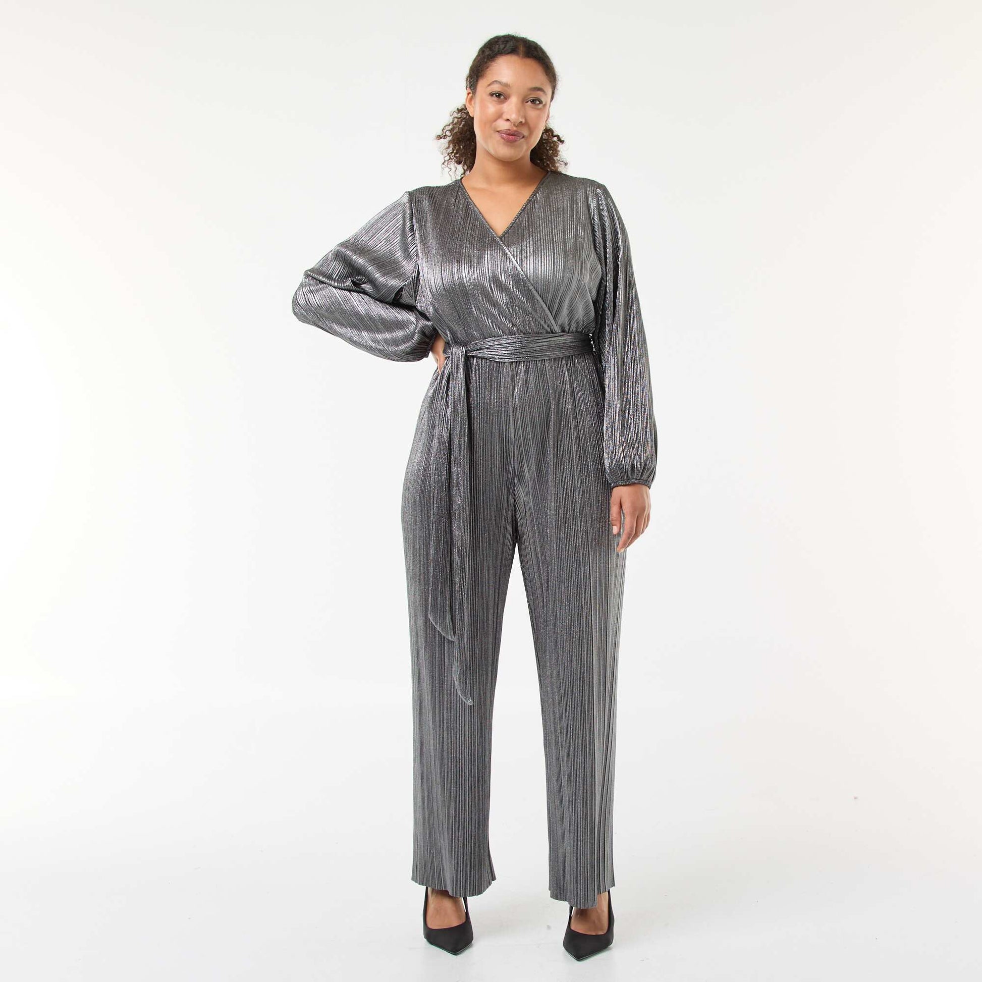 Combinaison jambe large en maille plissée GRIS
