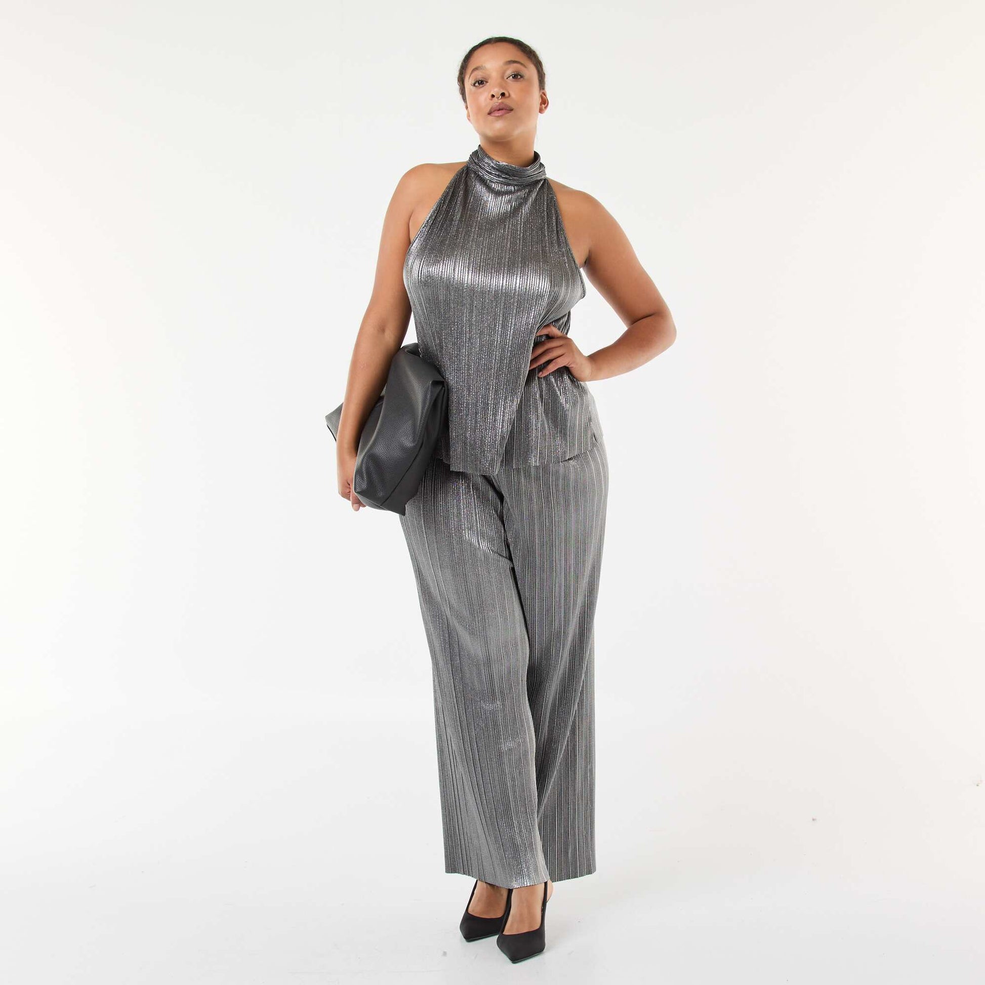 Pantalon large en maille plissée argentée GRIS