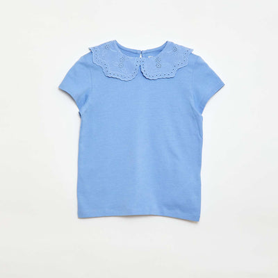 T-shirt en jersey avec col Claudine avec broderies anglaises BLEU