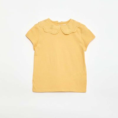 T-shirt en jersey avec col Claudine avec broderies anglaises JAUNE MOUTARDE