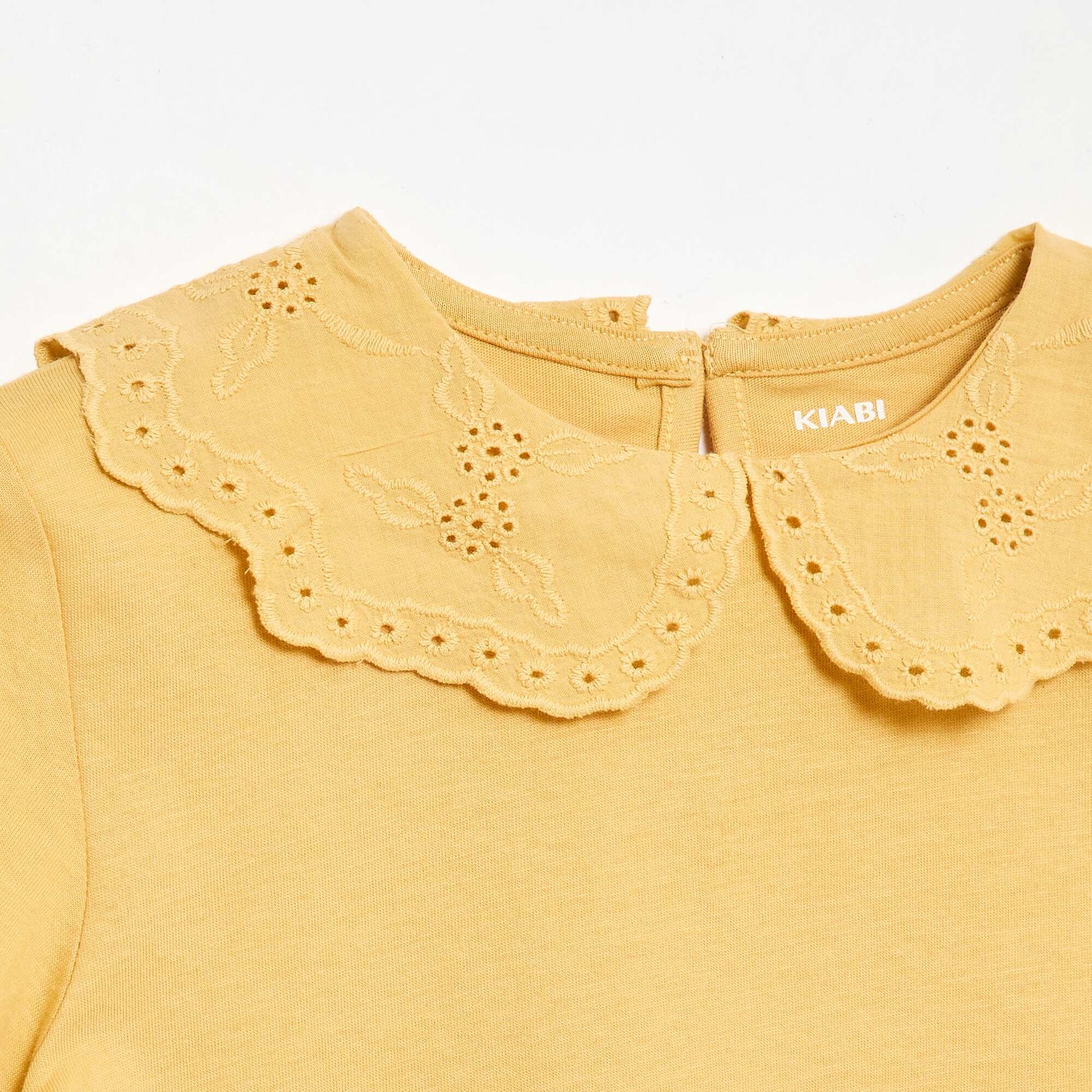 T-shirt en jersey avec col Claudine avec broderies anglaises JAUNE MOUTARDE