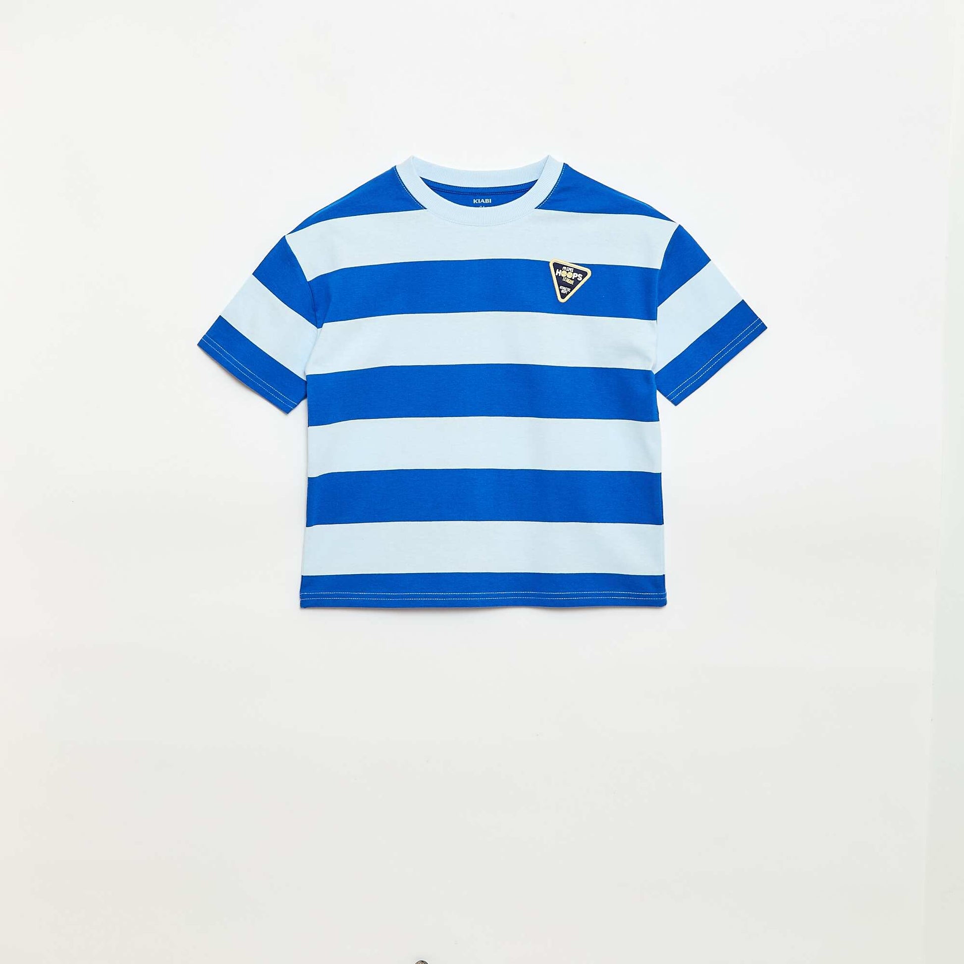 T-shirt rayé manches courtes imprimé devant BLEU