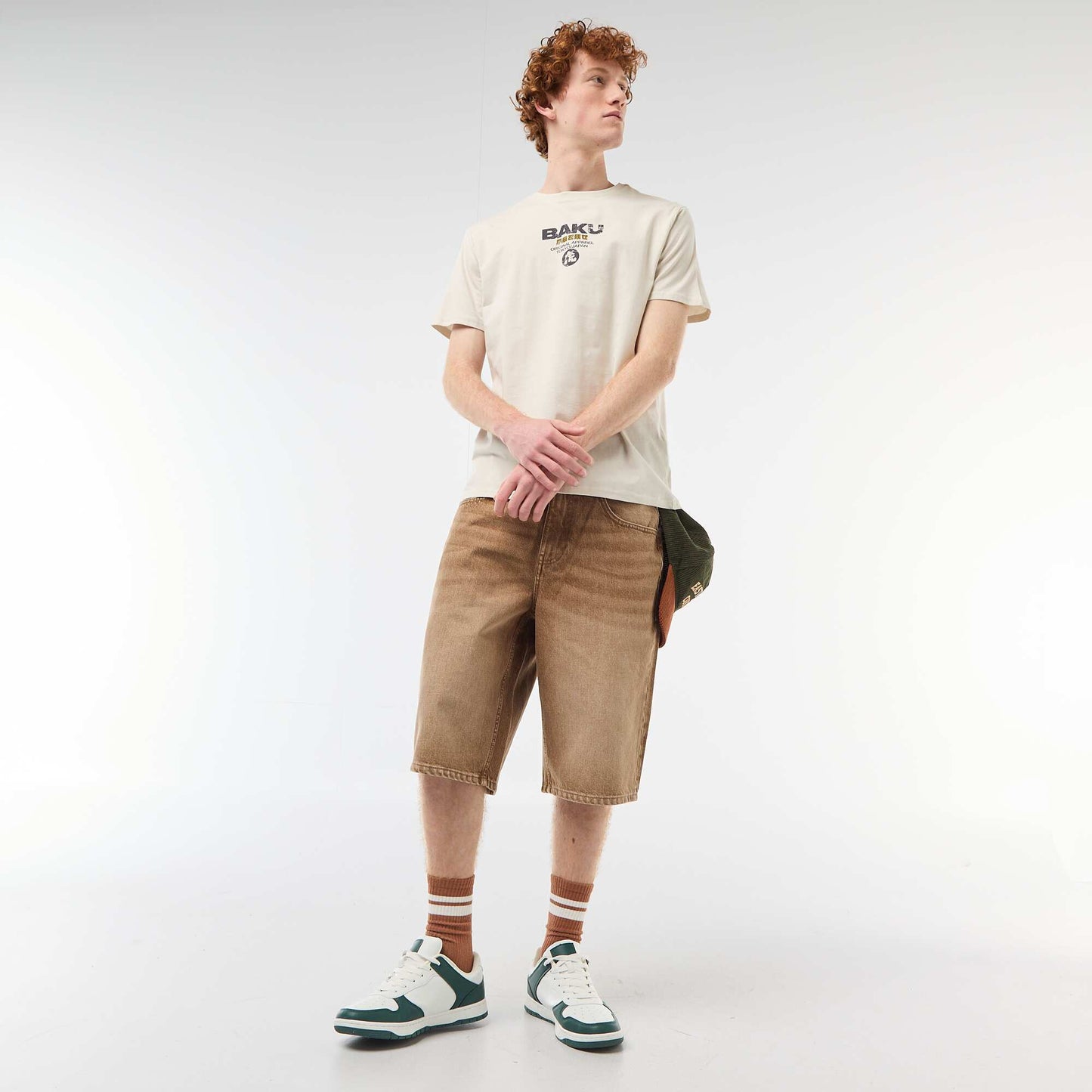T-shirt col rond imprimé en coton BEIGE