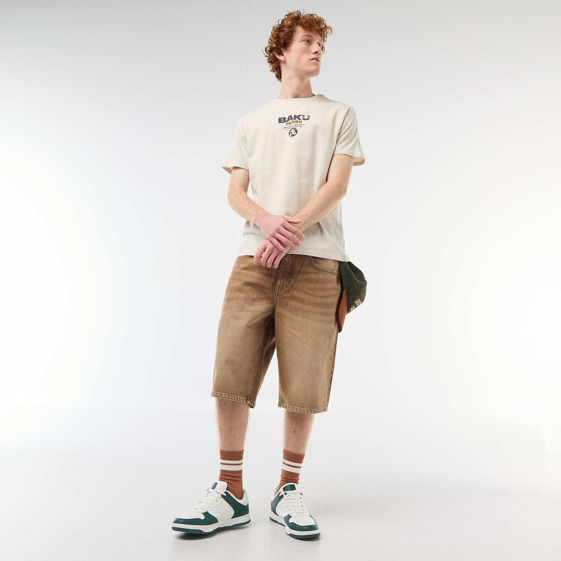 T-shirt col rond imprimé en coton BEIGE