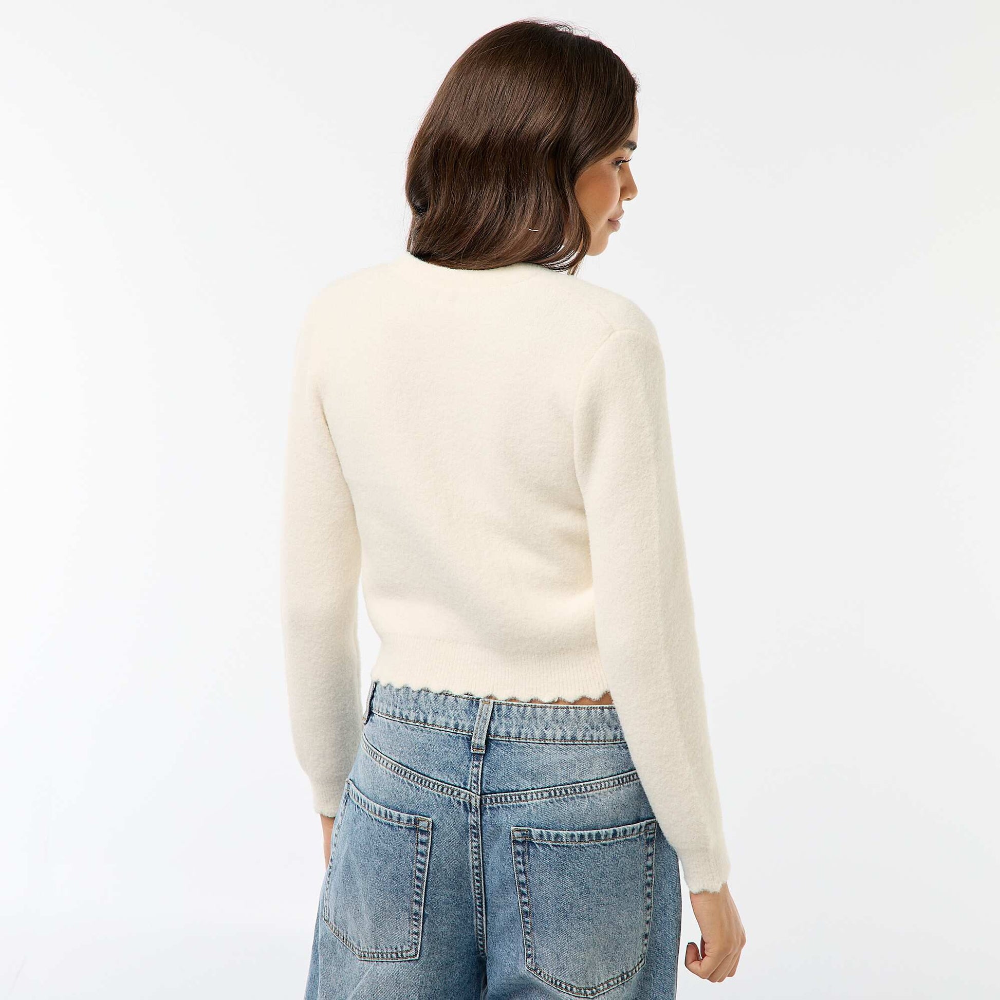 Gilet en maille grosse jauge avec boutons en forme de fleurs BEIGE
