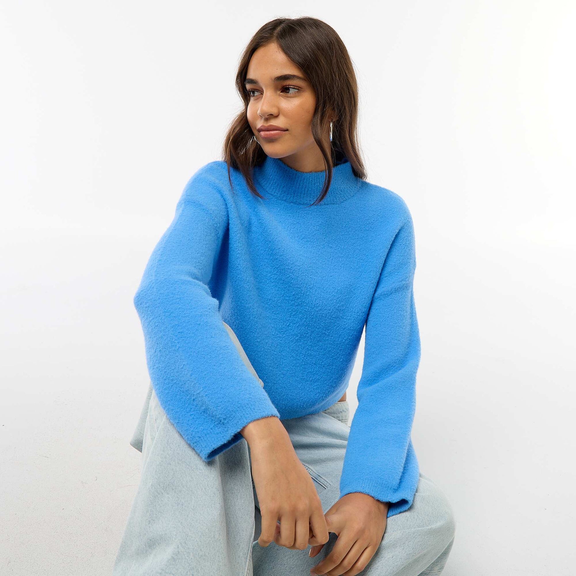 Pull col montant en maille grosse jauge BLEU