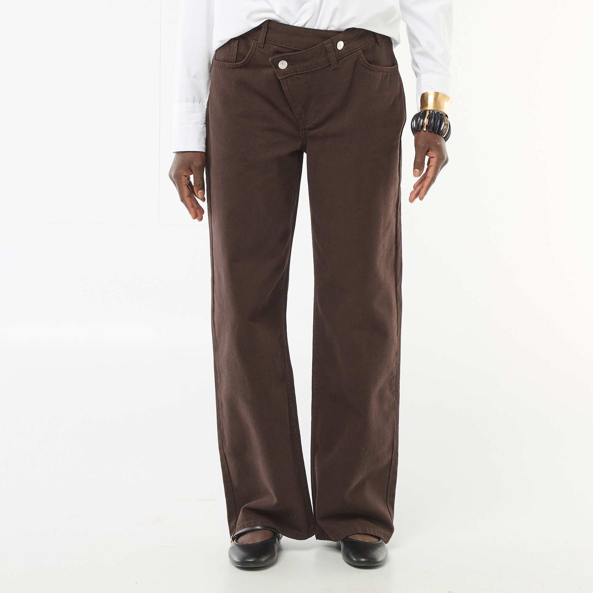 Pantalon twill ouverture asymétrique MARRON