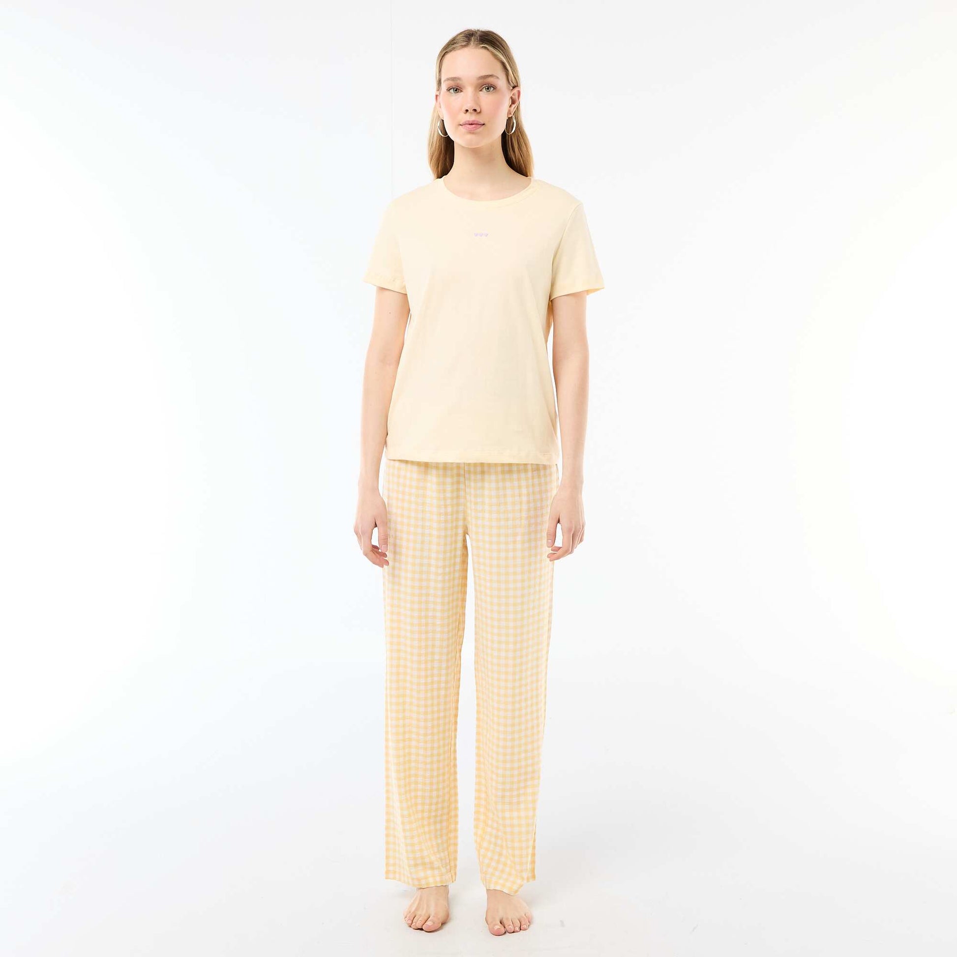 Ensemble pyjama long t-shirt + pantalon à carreaux -  2 pièces JAUNE