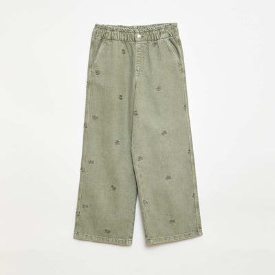 Jean wide leg à motif brodé KAKI