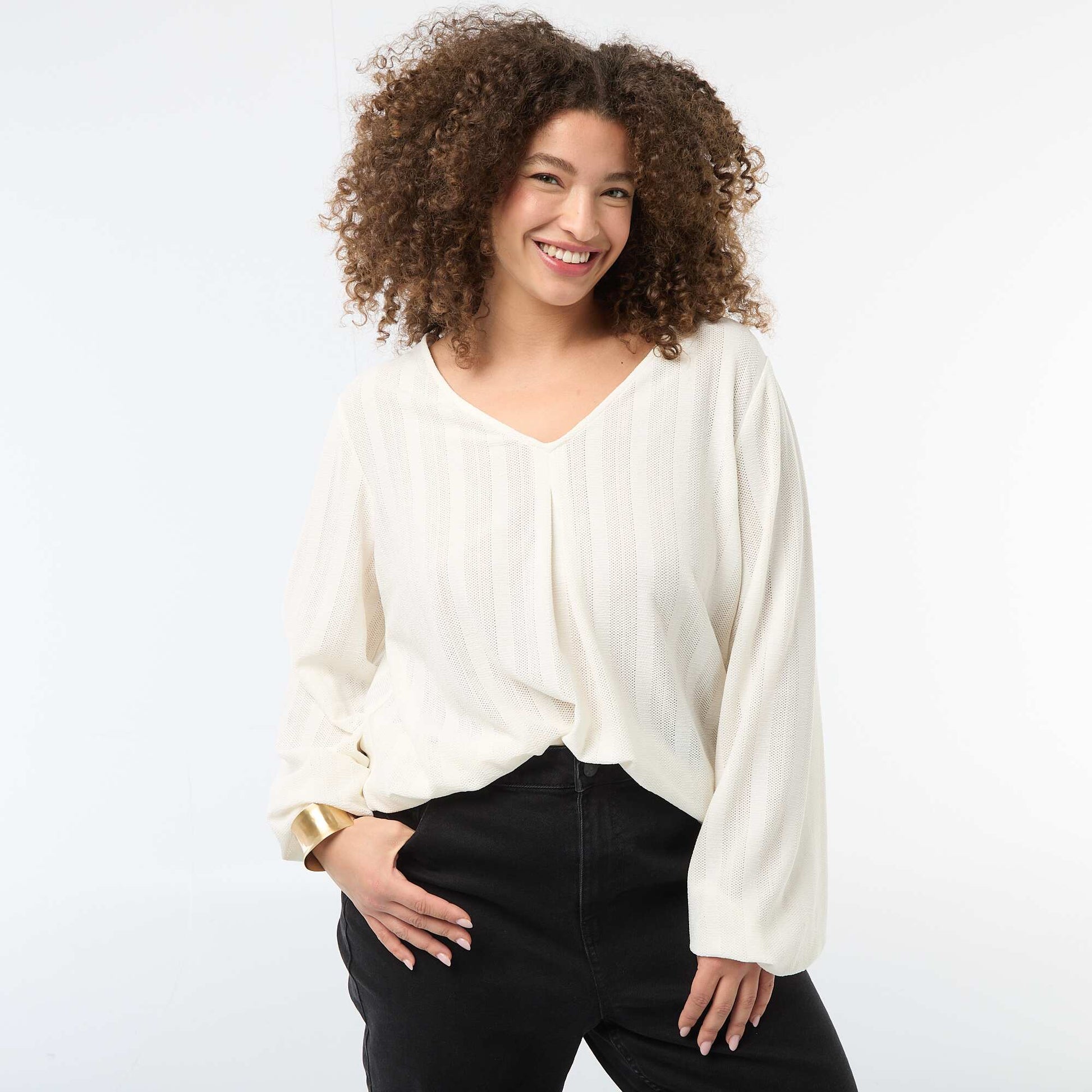 T-shirt en maille ajourée à manches courtes BLANC