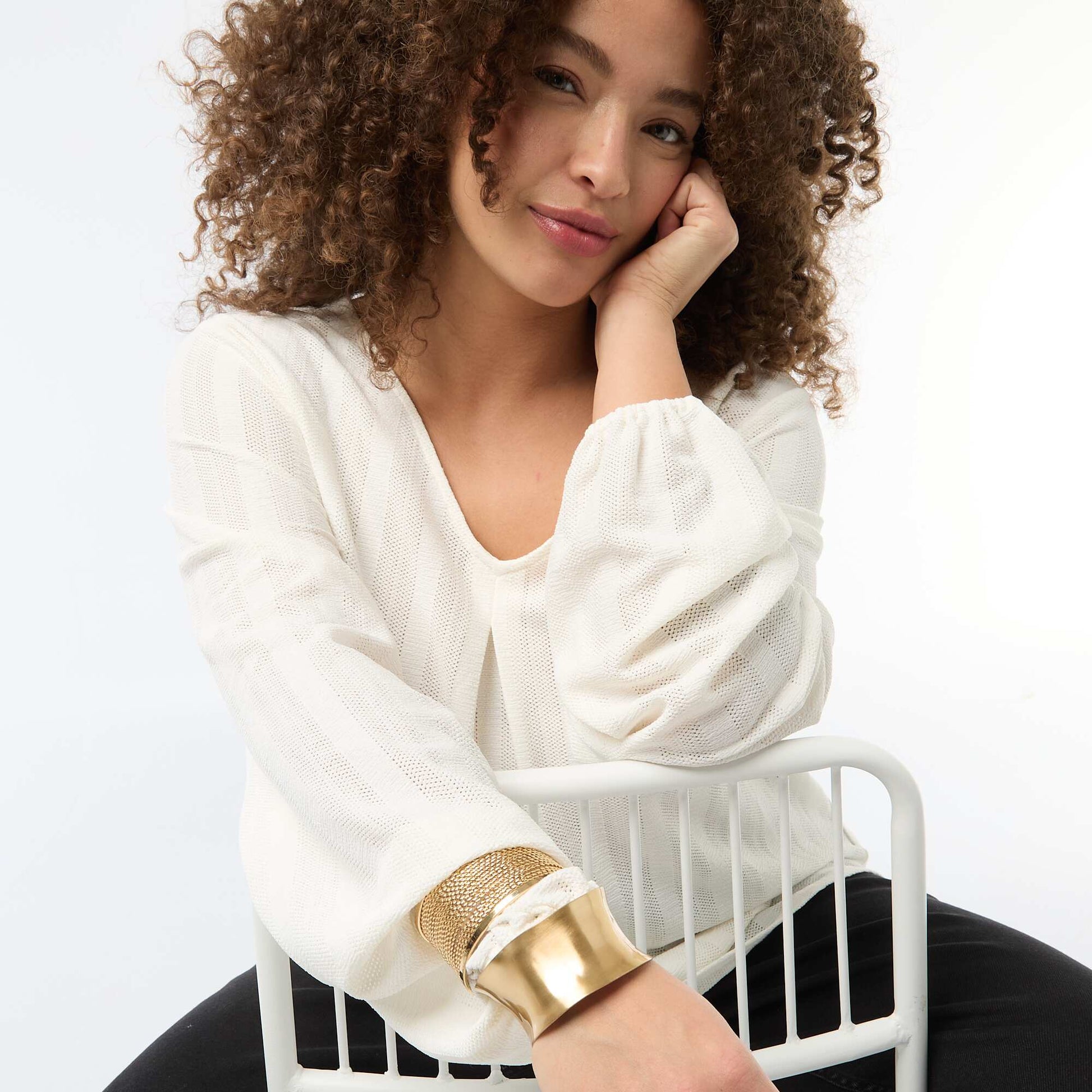 T-shirt en maille ajourée à manches courtes BLANC
