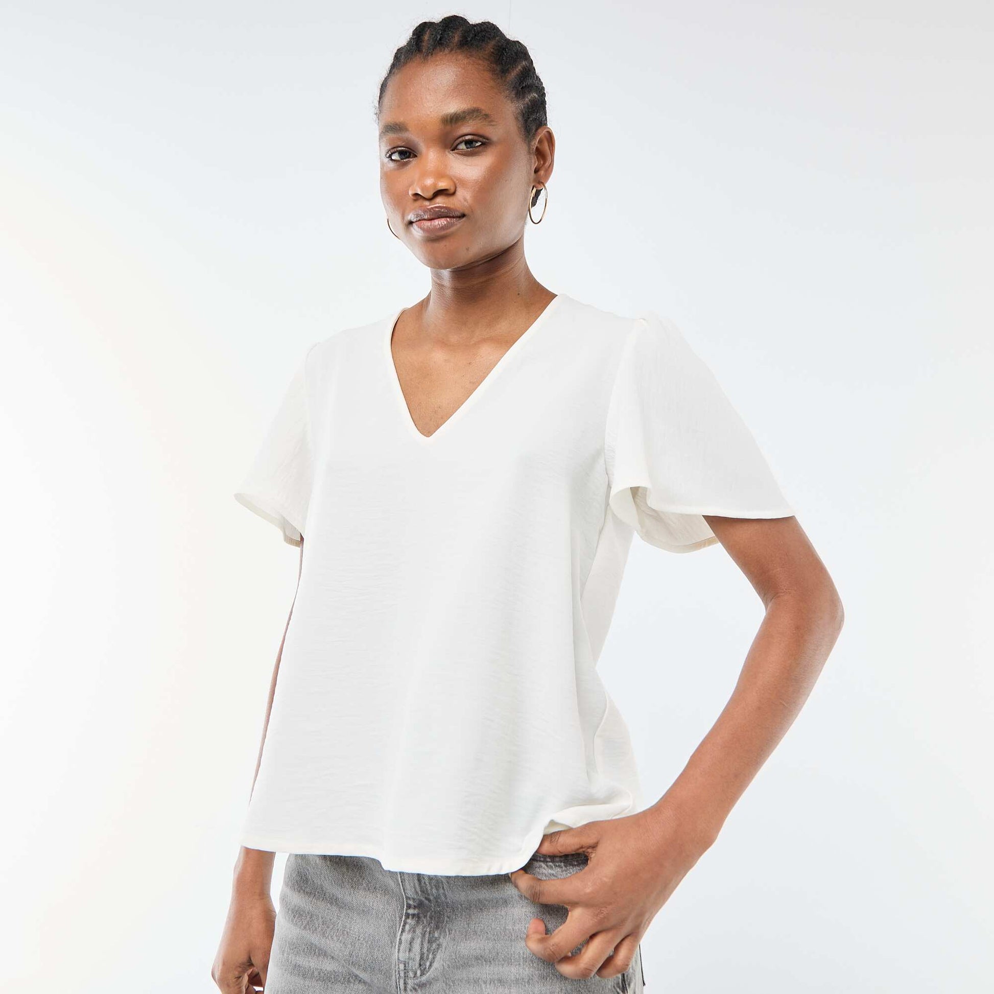 Blouse à manches courtes et col V BLANC