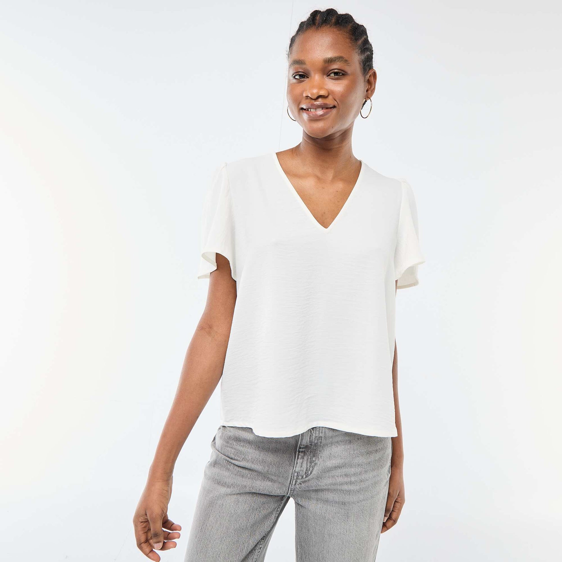 Blouse à manches courtes et col V BLANC