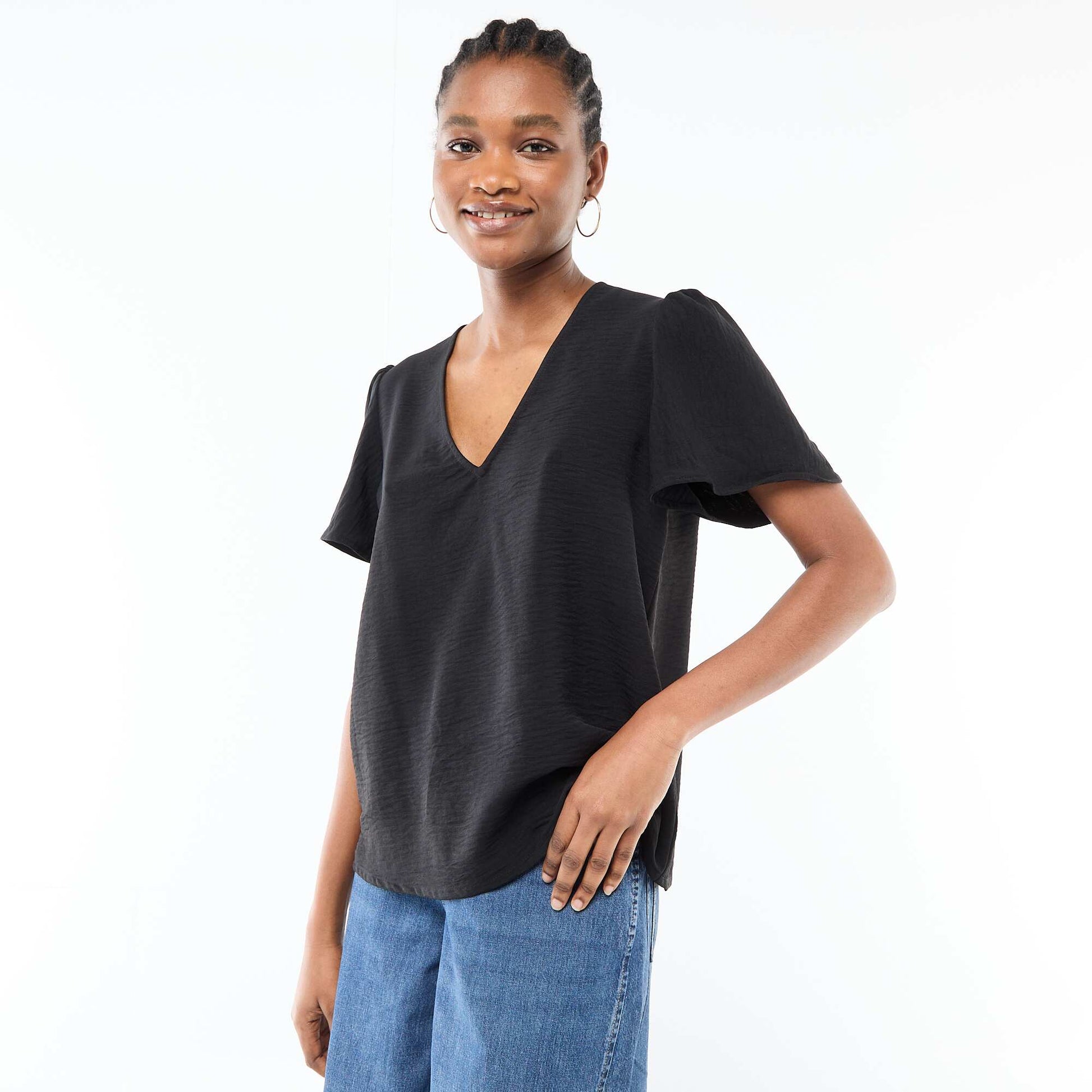 Blouse à manches courtes et col V NOIR
