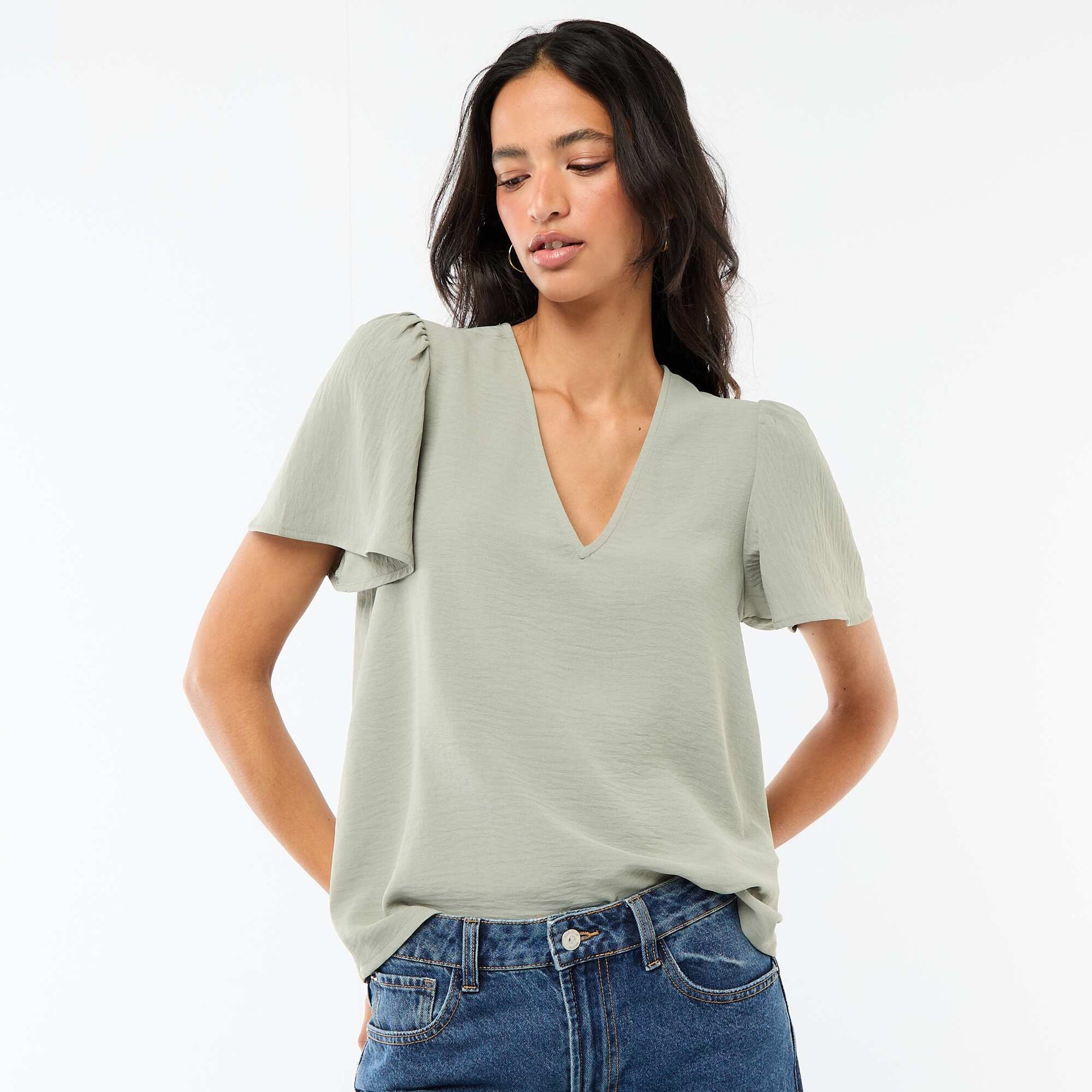 Blouse à manches courtes et col V VERT
