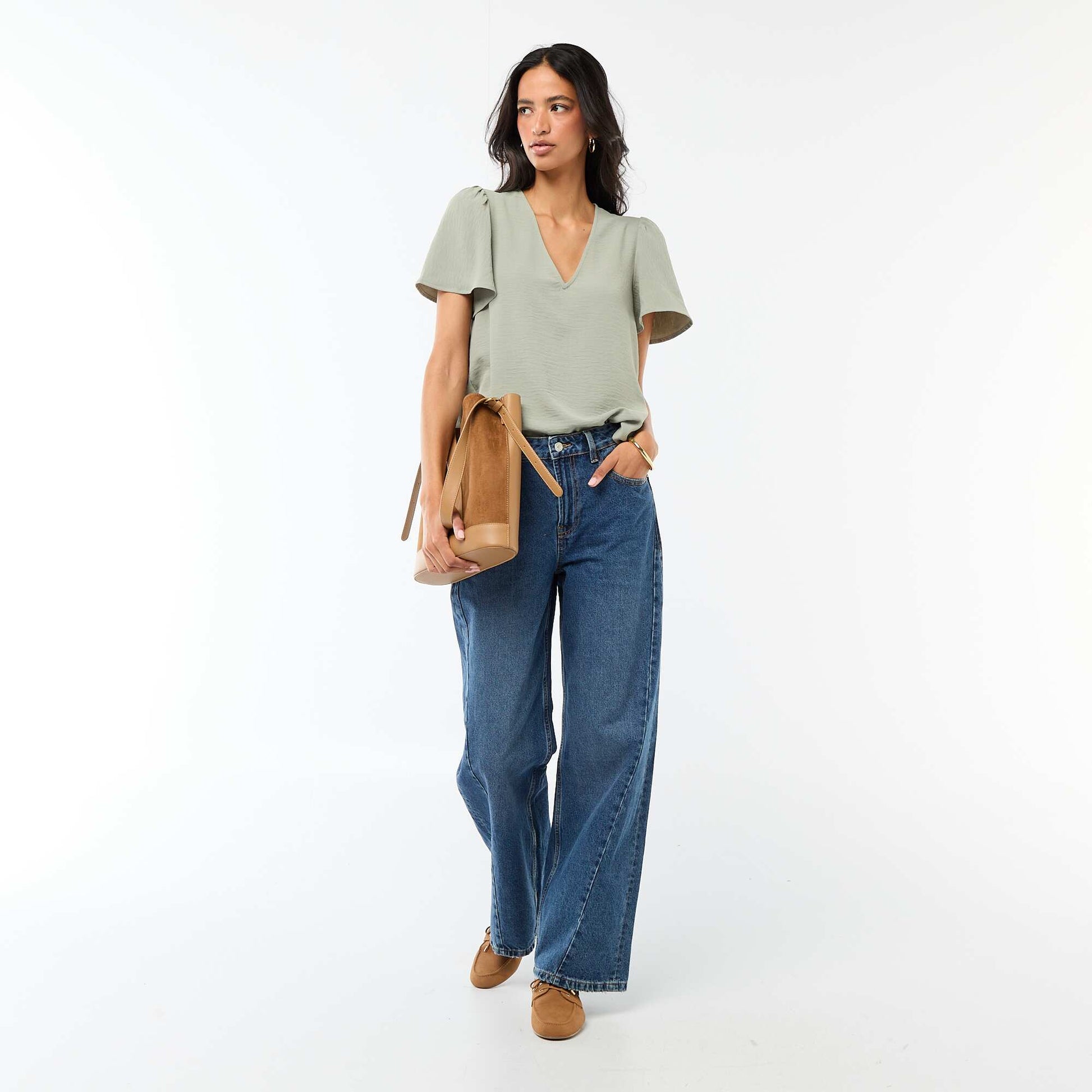 Blouse à manches courtes et col V VERT