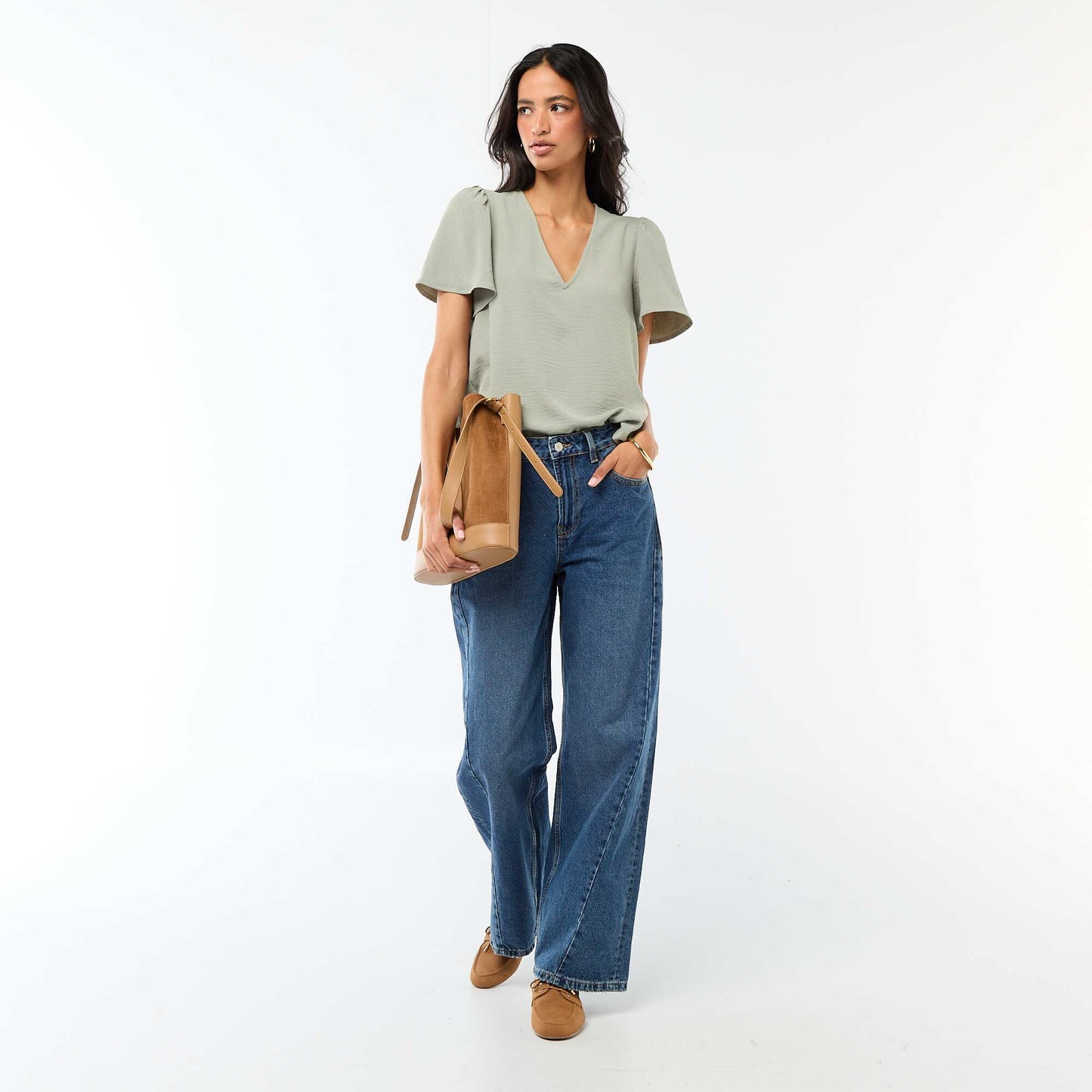 Blouse à manches courtes et col V VERT
