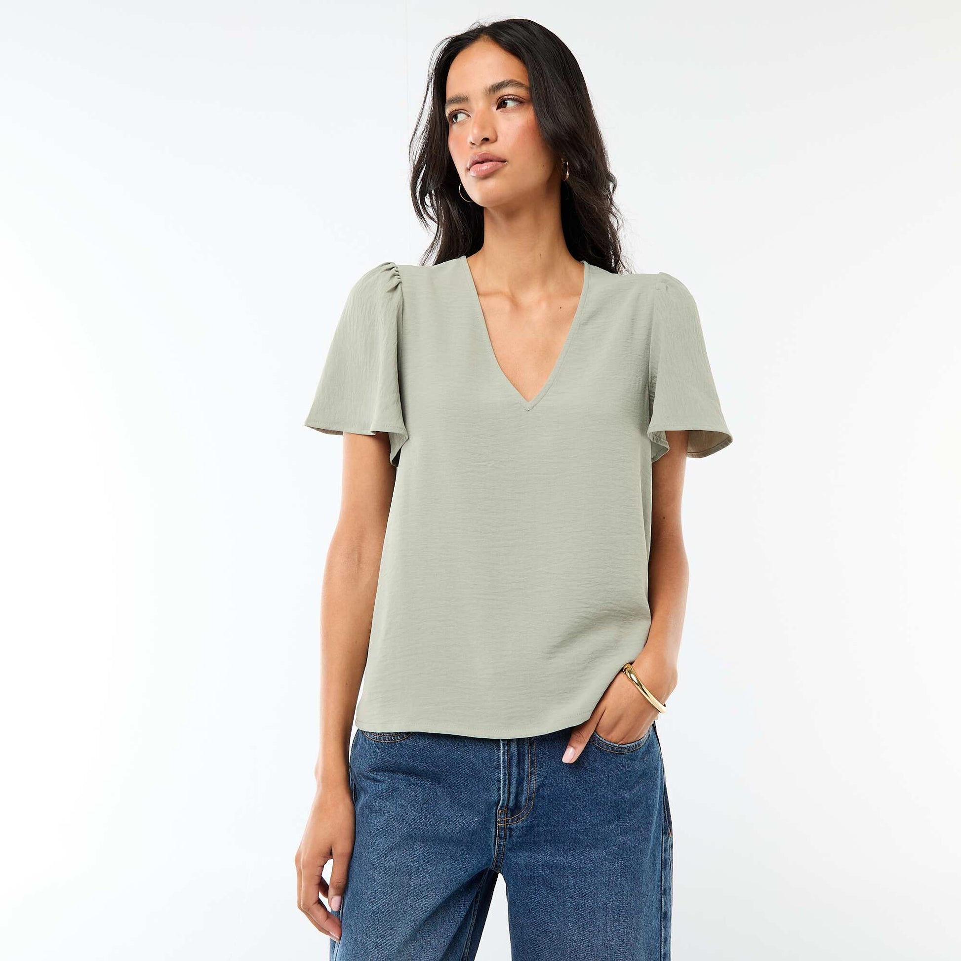 Blouse à manches courtes et col V VERT