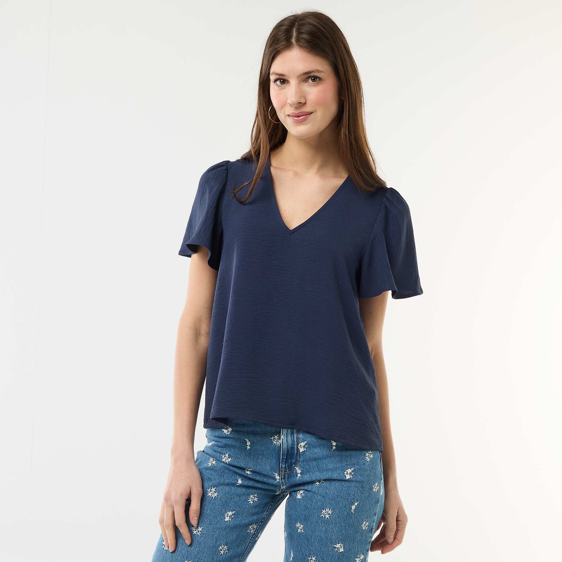 Blouse à manches courtes et col V MARINE
