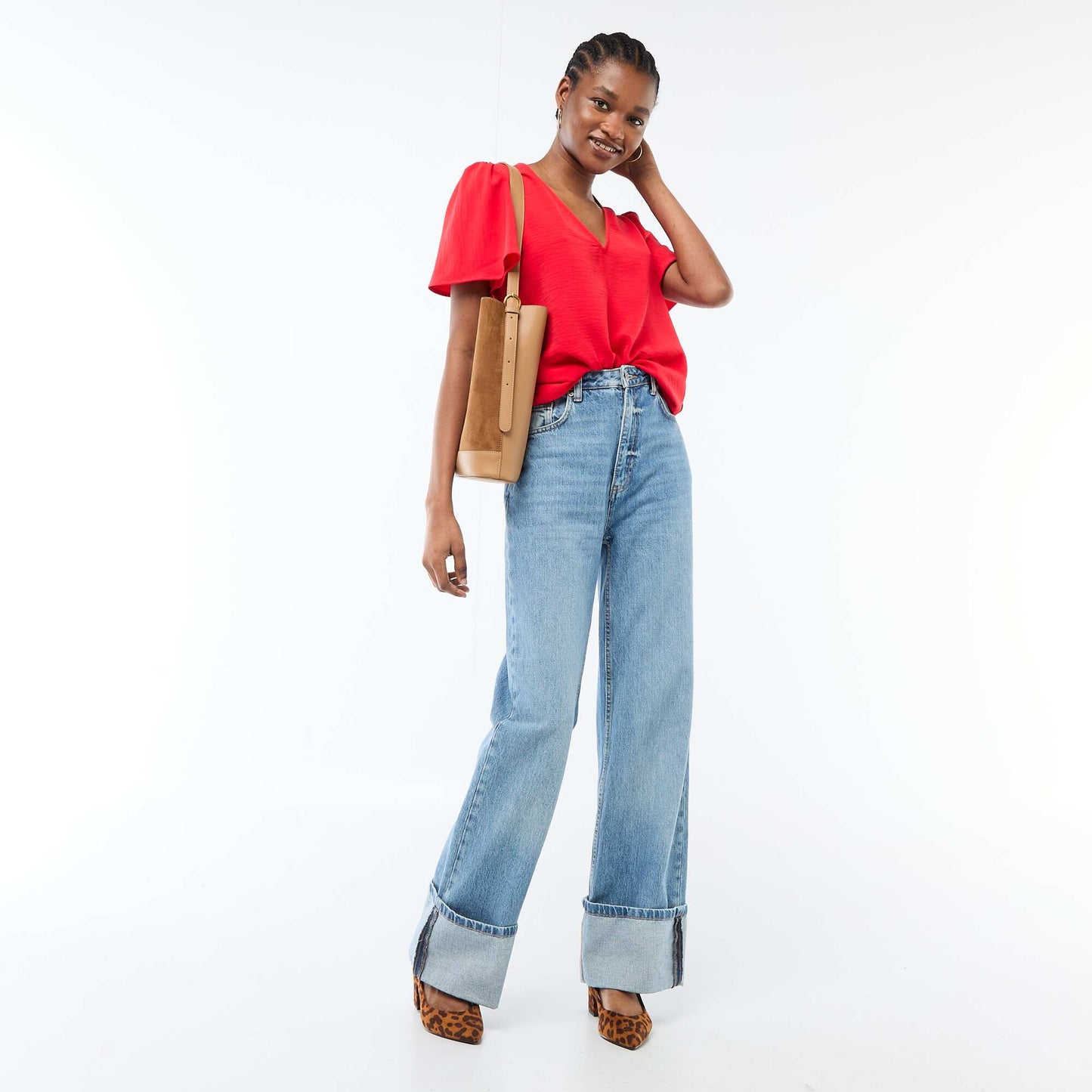 Blouse à manches courtes et col V ROUGE