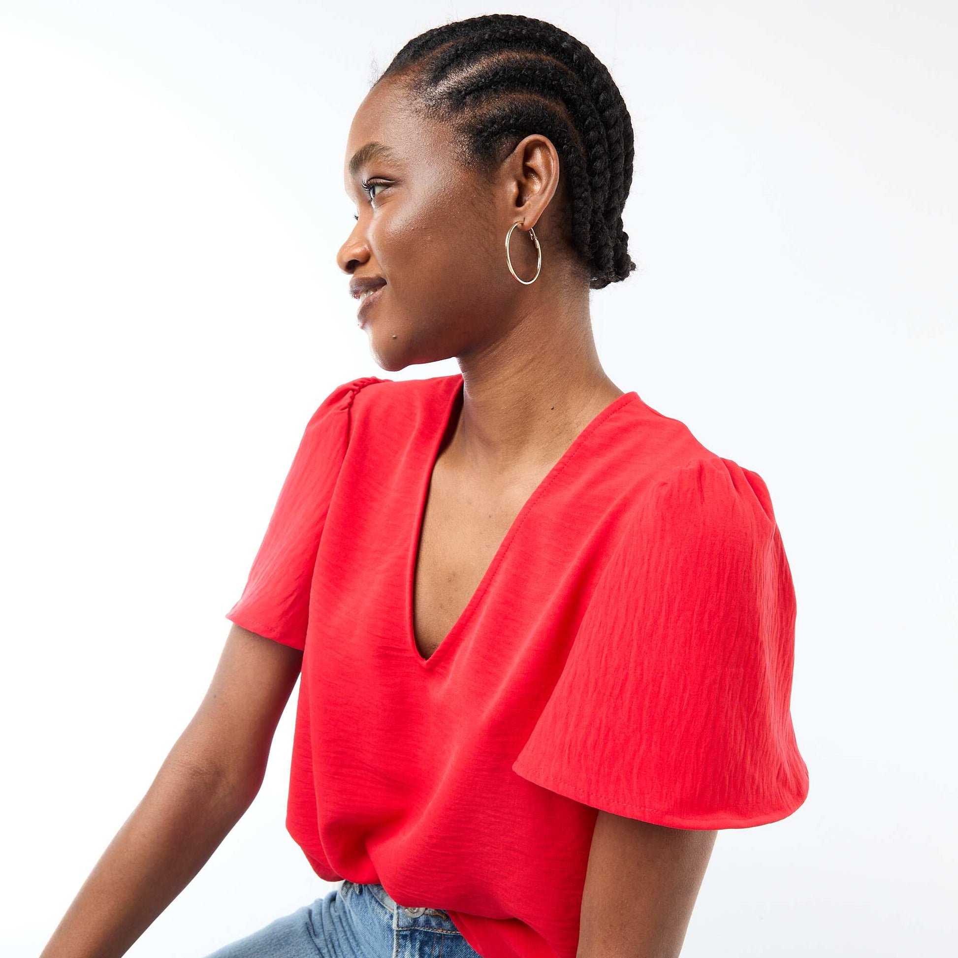 Blouse à manches courtes et col V ROUGE