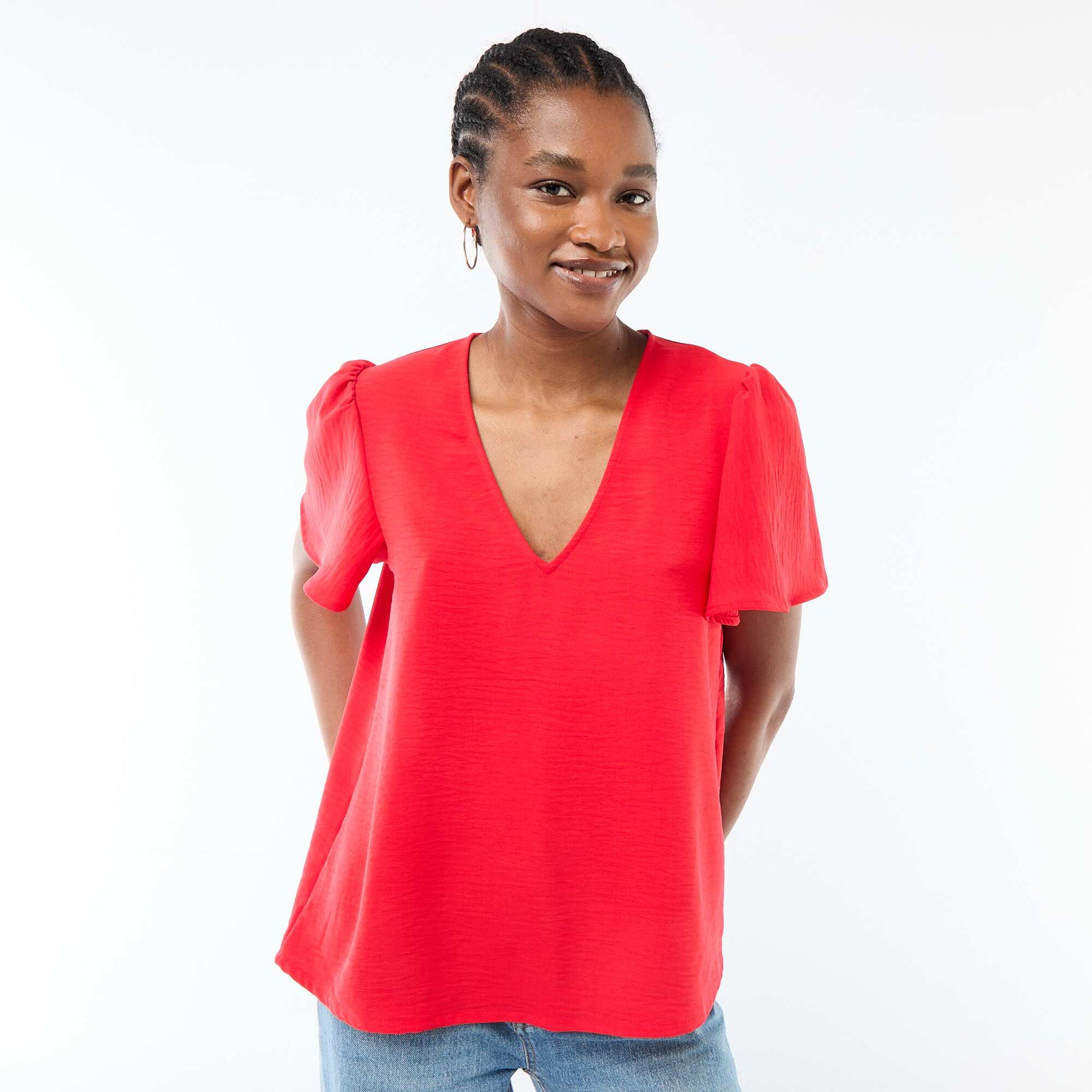 Blouse à manches courtes et col V ROUGE