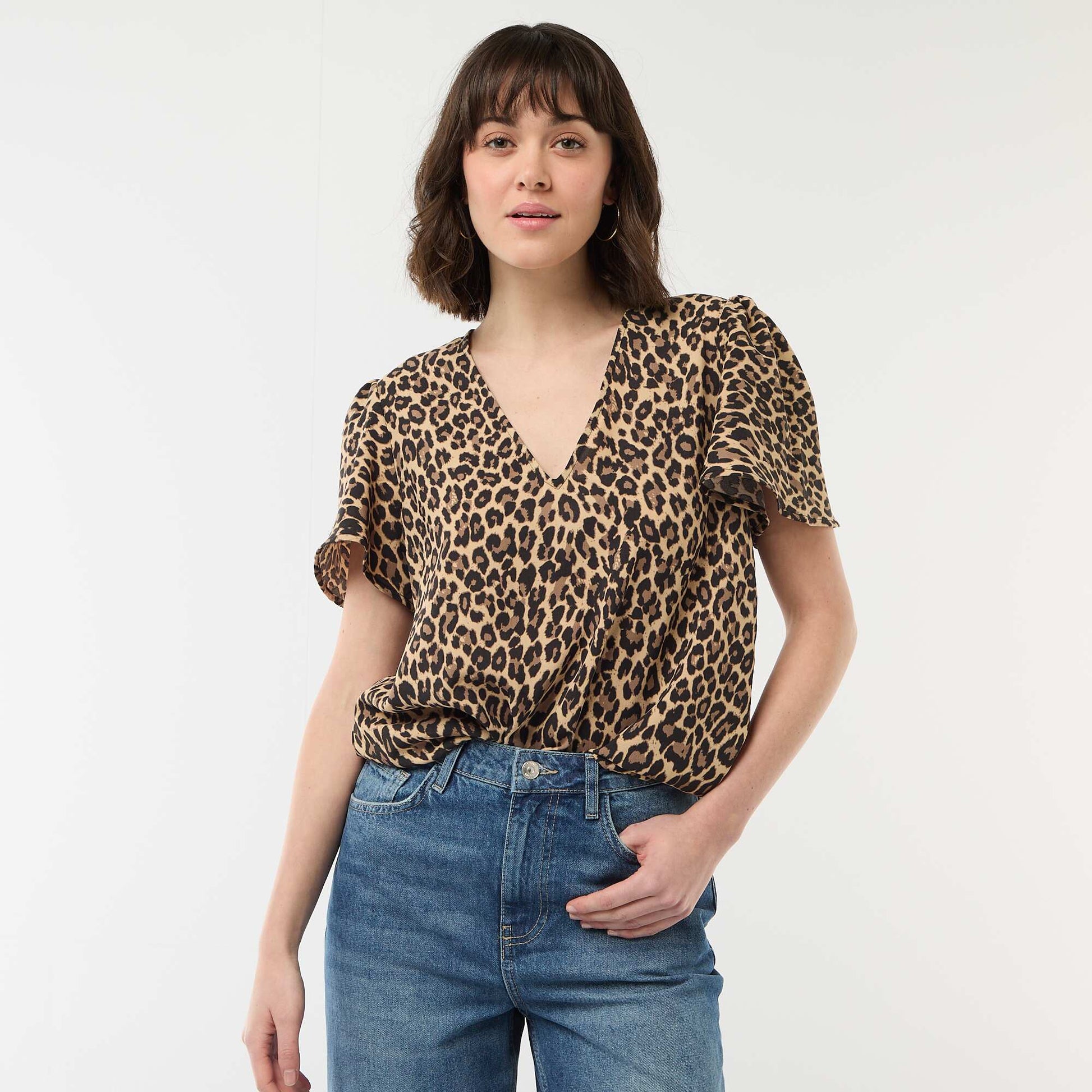 Blouse à manches courtes et col V BEIGE