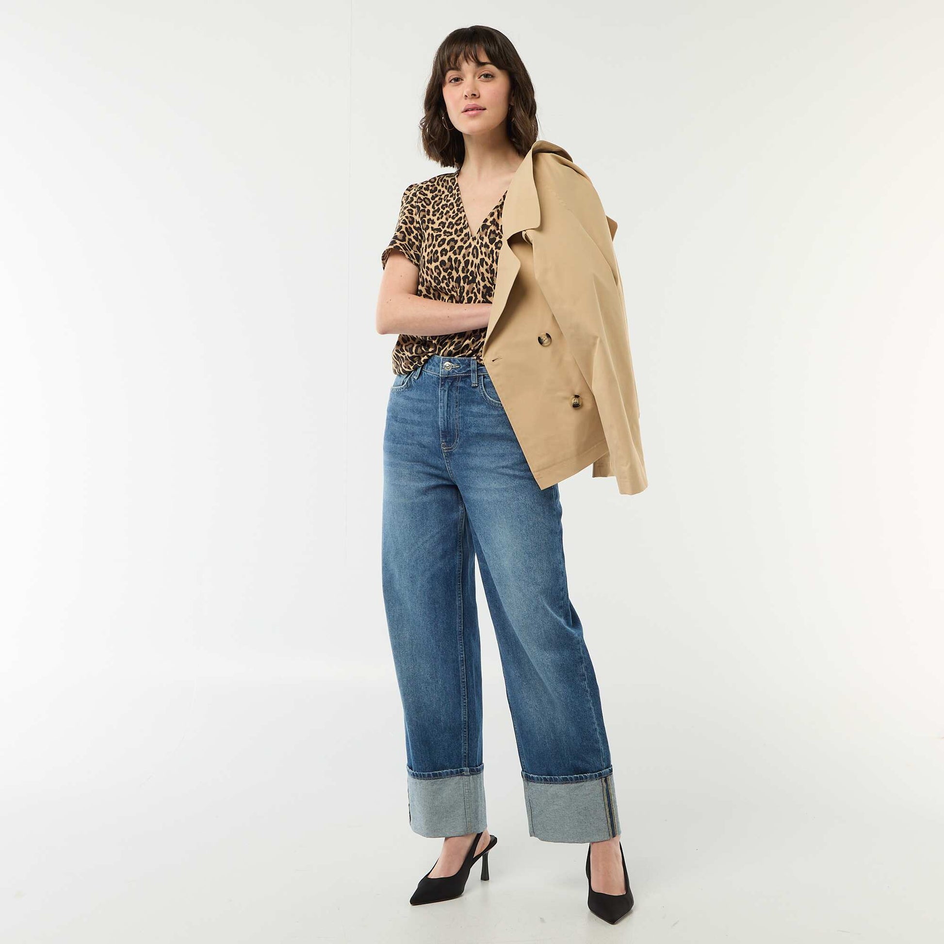 Blouse à manches courtes et col V BEIGE