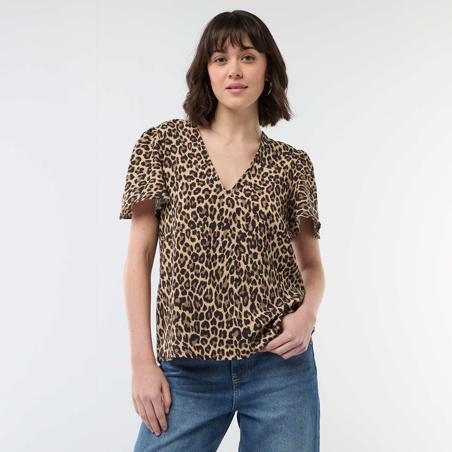 Blouse à manches courtes et col V BEIGE