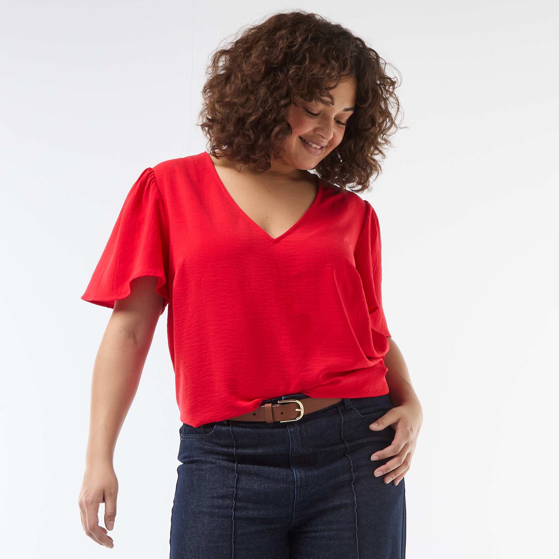 Blouse fluide uni à manches courtes ROUGE