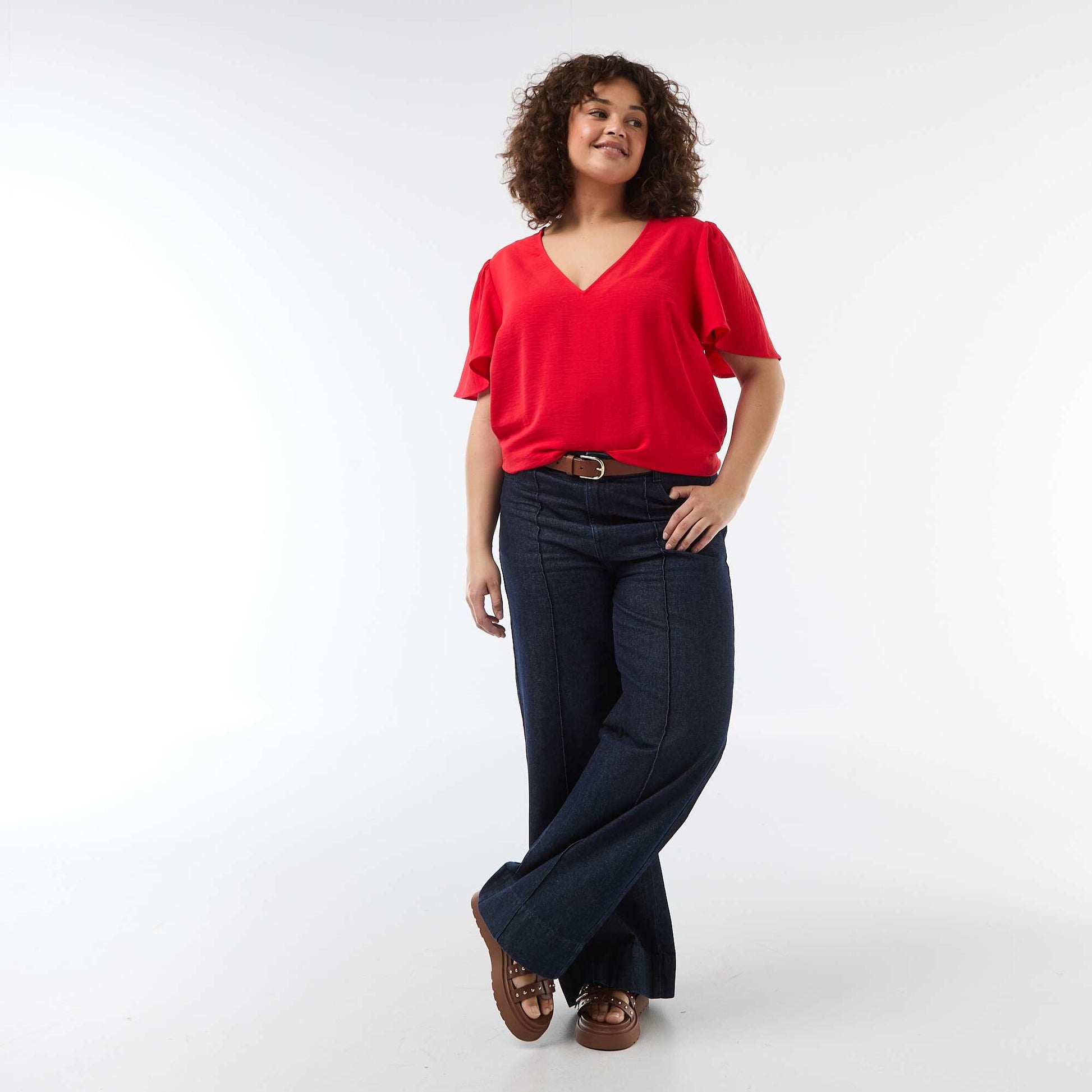 Blouse fluide uni à manches courtes ROUGE