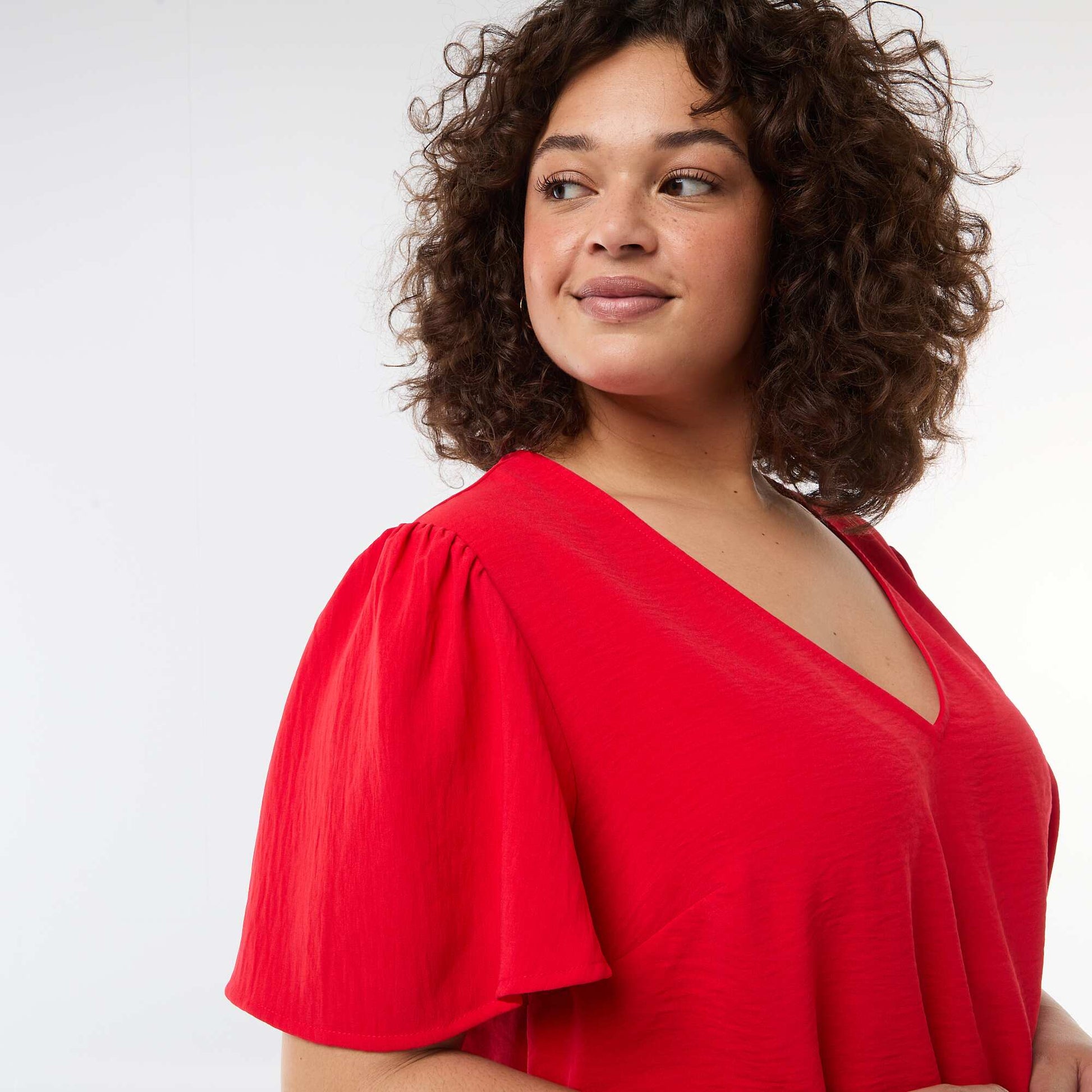 Blouse fluide uni à manches courtes ROUGE