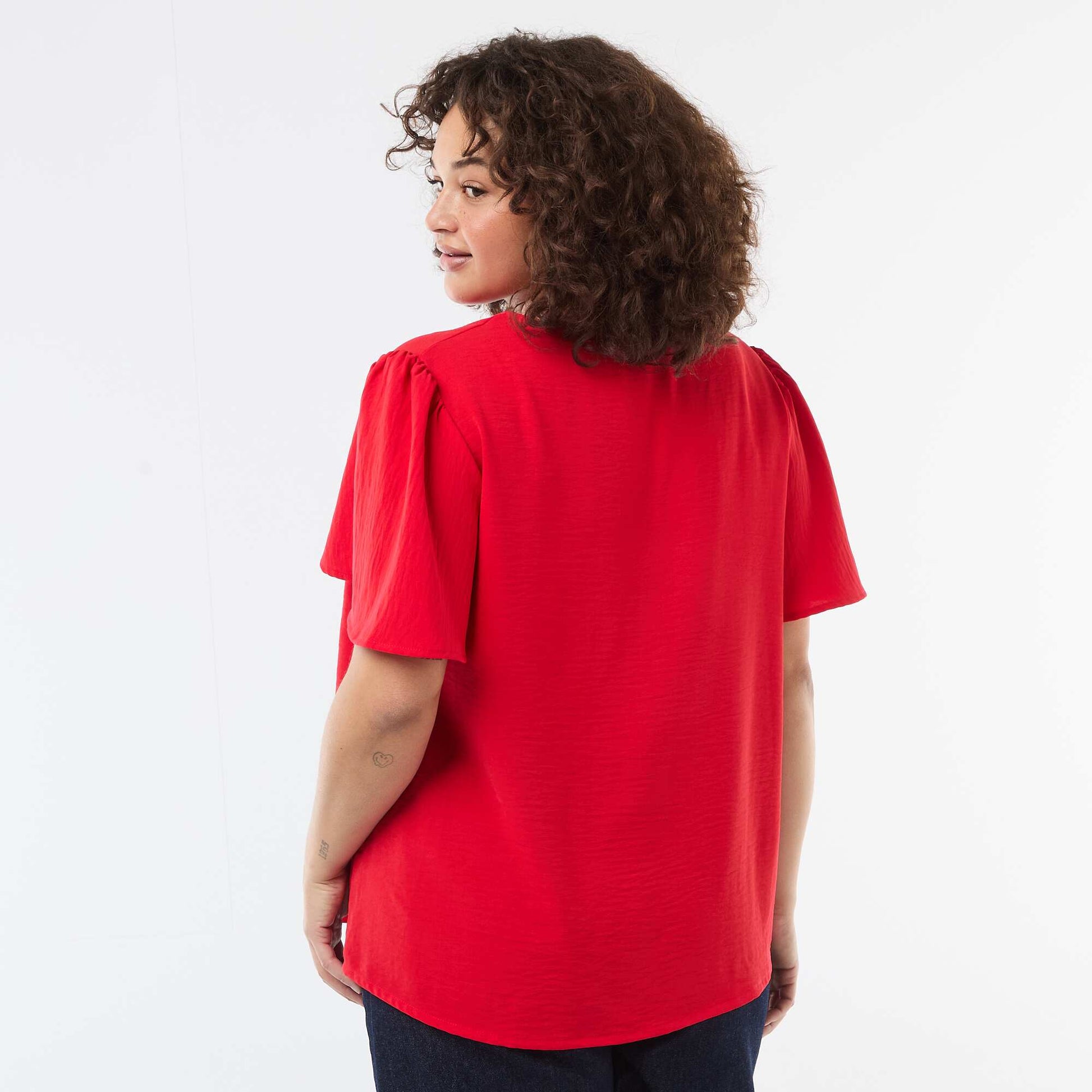 Blouse fluide uni à manches courtes ROUGE