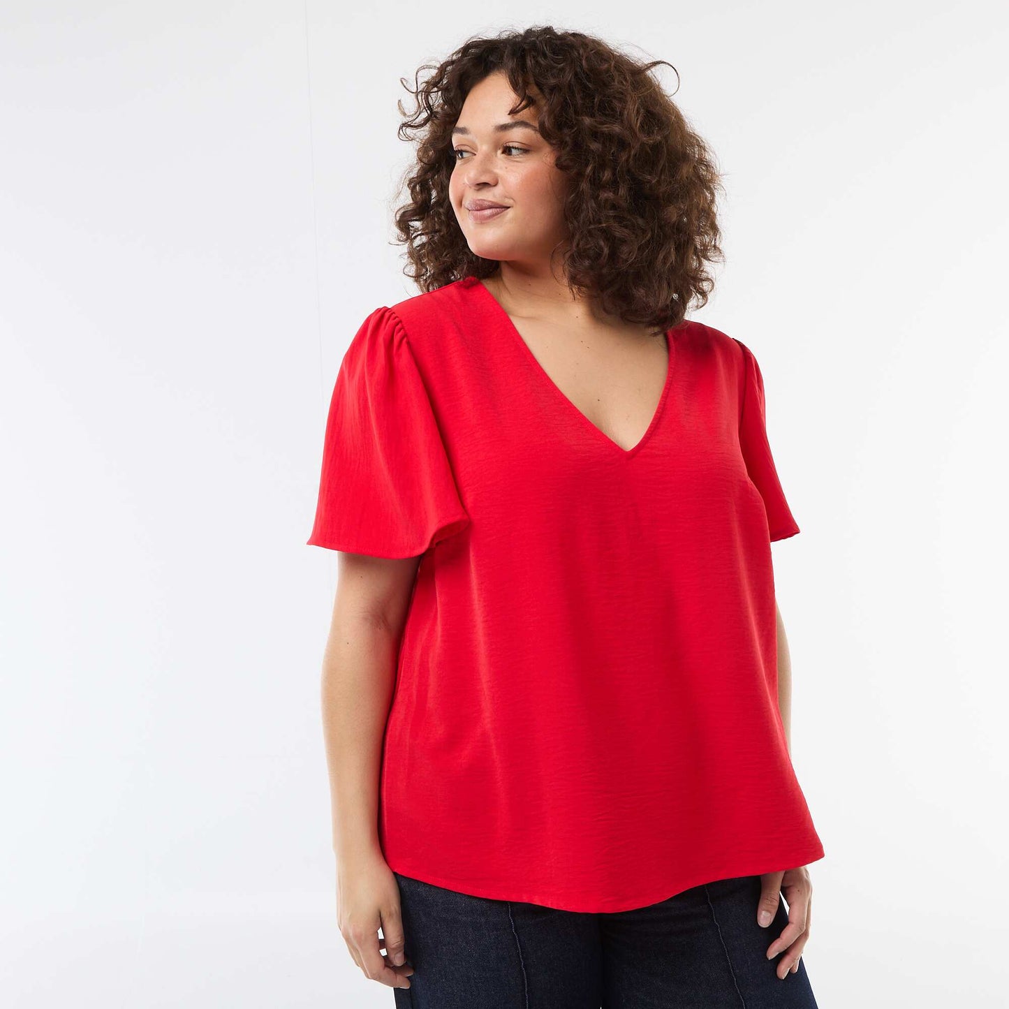 Blouse fluide uni à manches courtes ROUGE